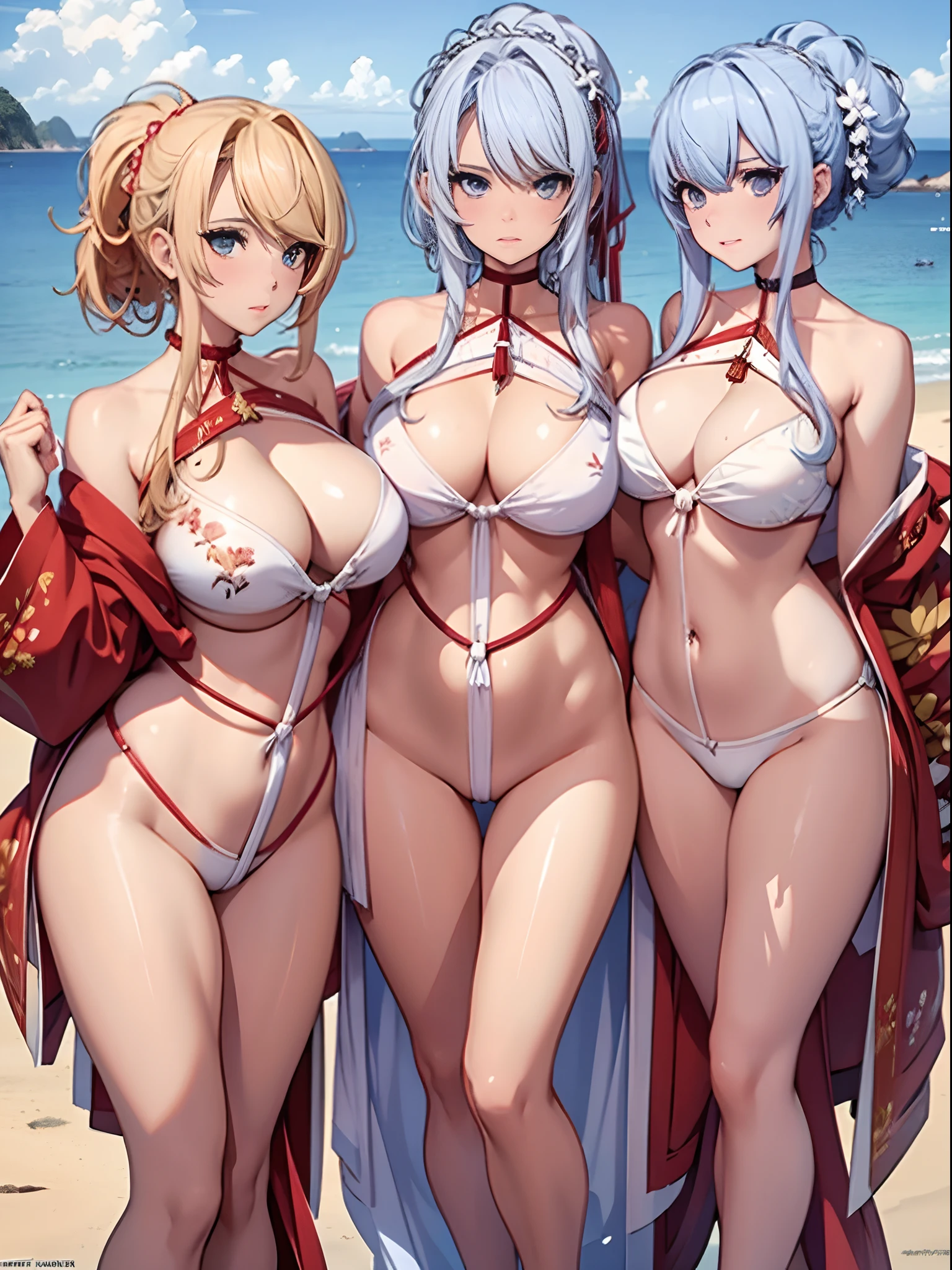 Three beautiful fair-skinned women in bikinis pose for a group photo on the beach, seductive anime girls, beautiful and seductive anime woman, Guviz-style artwork, Perfect white haired girl, Guviz, Beautiful anime girl, ross tran. scenery background, in beach, Beautiful anime woman, trending on artstation pixiv, Extremely detailed Artgerm, Beautiful anime beauty,Extra-large big breasts,Blush,Perfect body slim curves,8K romantic art photos,