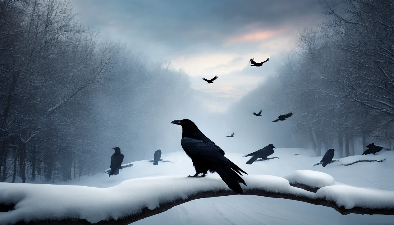 cawing ravens，big vista，(Distant view)Best quality, Masterpiece,  snowfield, high resolution, (photograph realistic:1.4), surrealism, Dream-like,fusionart, Shadowdancer, shadow magic, darkness control, stealth, shadowstep, umbral spells, hidden blade,