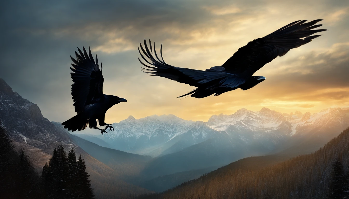 cawing ravens，big vista，(Distant view)Best quality, Masterpiece,  snowfield, high resolution, (photograph realistic:1.4), surrealism, Dream-like,fusionart, Shadowdancer, shadow magic, darkness control, stealth, shadowstep, umbral spells, hidden blade,