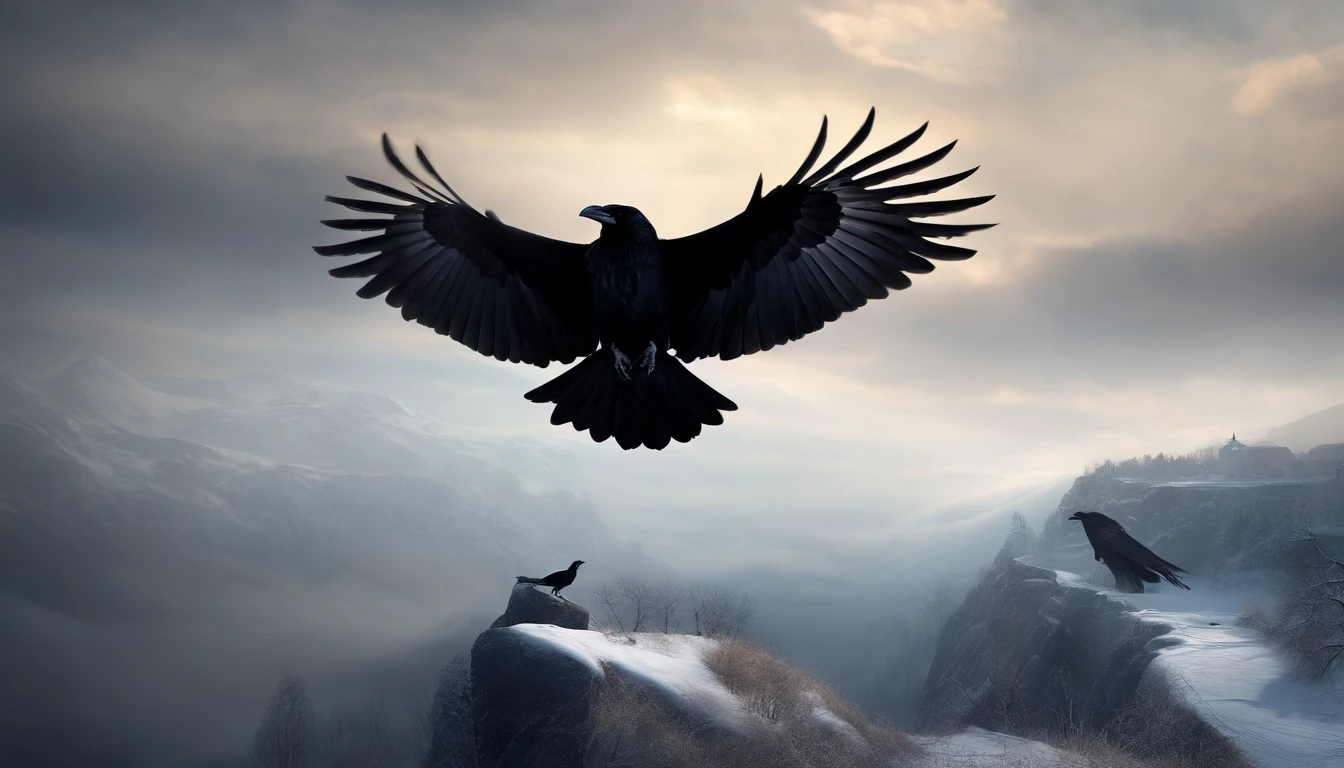 cawing ravens,big vista,(Distant view)Best quality, Masterpiece, snowfield, high resolution, (photograph realistic:1.4), surrealism, Dream-like,fusionart, Shadowdancer, shadow magic, darkness control, stealth, shadowstep, umbral spells, hidden blade,