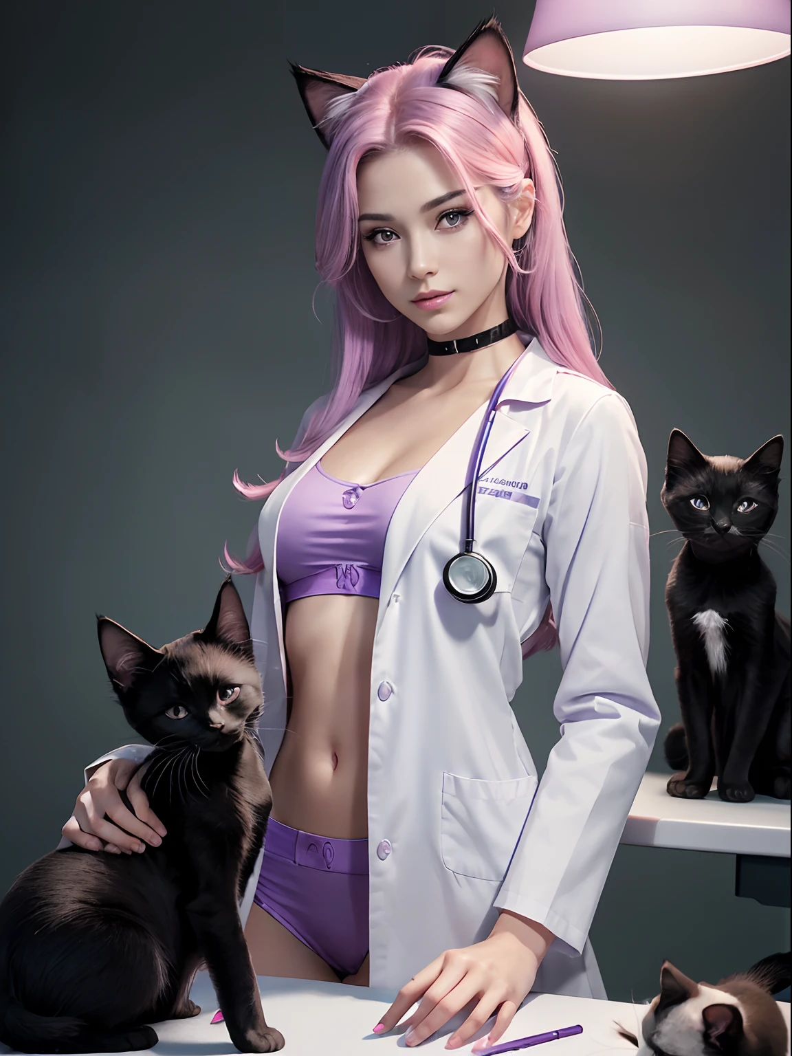 (Masterpiece:1.3), (8K, Photorealistic, Raw photography, Best Quality:1.4), (1girl)Red eyes, violet eyes with purple, Beautiful face, Realistic face, purple, turquoise, violet, pink eyes (Detailed face), Beautiful hairstyle long pink hair with pink cat ears, (Detailed hair), Realistic purple eyes, (Detailed eyes), Beautiful details, Realistic skin, (Detailed skin), Beautiful skin, Attractive, Ultra high definition, A hyper-realistic, Very detailed, (medium breasts:0.5), mexican beauty, (slim figure), (A veterinarian wearing a white coat examines a cute black kitten, kitten on examination table), (Stethoscope), Female doctor looking at a kitten:1.3, gentle smile, At the dog and cat hospital