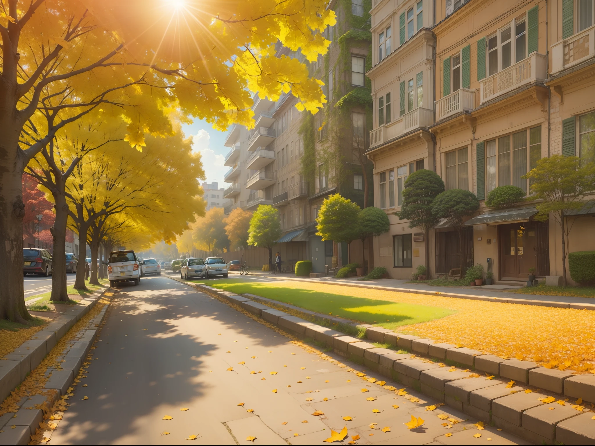 streetview, Two rows of golden ginkgo, falling leaf,  and the sun was shining brightly, the detail， 4K， k hd， high high quality