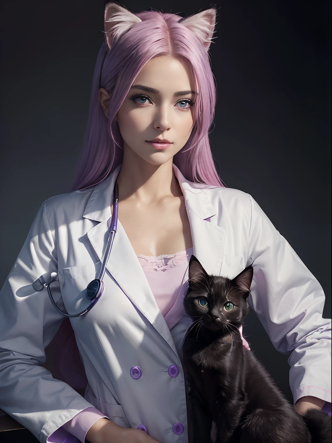 (Masterpiece:1.3), (8K, Photorealistic, Raw photography, Best Quality:1.4), (1girl)Red eyes, violet eyes with purple, Beautiful face, Realistic face, purple, turquoise, violet, pink eyes (Detailed face), Beautiful hairstyle long pink hair with pink cat ears, (Detailed hair), Realistic purple eyes, (Detailed eyes), Beautiful details, Realistic skin, (Detailed skin), Beautiful skin, Attractive, Ultra high definition, A hyper-realistic, Very detailed, (medium breasts:0.5), mexican beauty, (slim figure), (A veterinarian wearing a white coat examines a cute black kitten, kitten on examination table), (Stethoscope), Female doctor looking at a kitten:1.3, gentle smile, At the dog and cat hospital