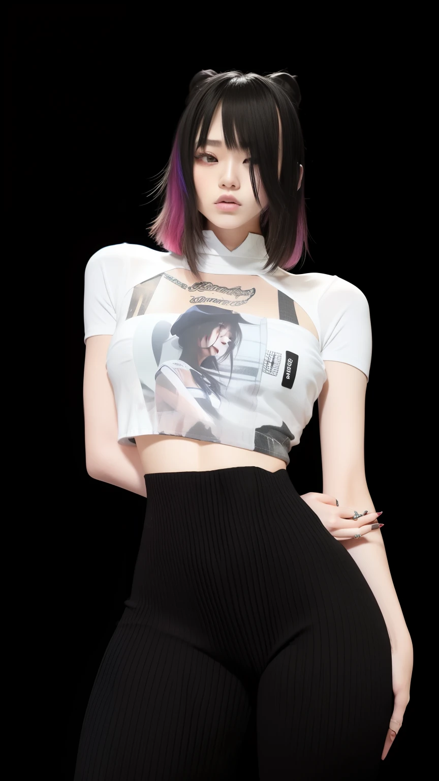 a close up of a person wearing a hat and a shirt, inspired by Sim Sa-jeong, with ripped crop t - shirt, y2k style, y 2 k style, imvu, wearing a designer top, loosely cropped, secondlife, digital art - w 640, croptop, 2 b, e-girl, e - girl imvu