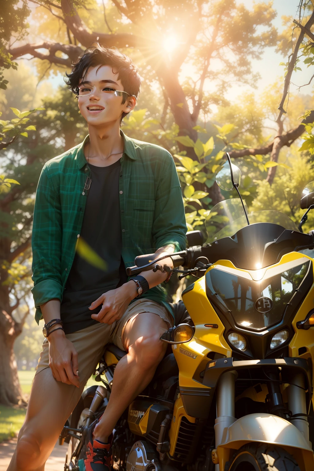 (bright colors,vibrant colors, vivid colors:1.1),(best quality,4k,highres:1.2),portrait,black hair,brown eyes,young boy,cheerful expression,casual clothing,standing in a sunny park,green grass,trees in the background,playful pose,sunlight illuminating his face,happy atmosphere,nature scenery