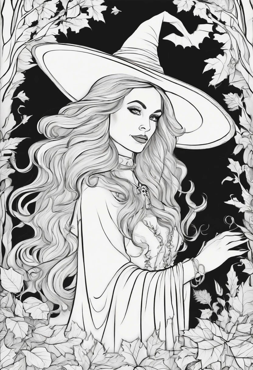 Line drawing,color no,Coloring book for kids,White background,Clear black lines isolated on white background,Halloween,the witch、Witch