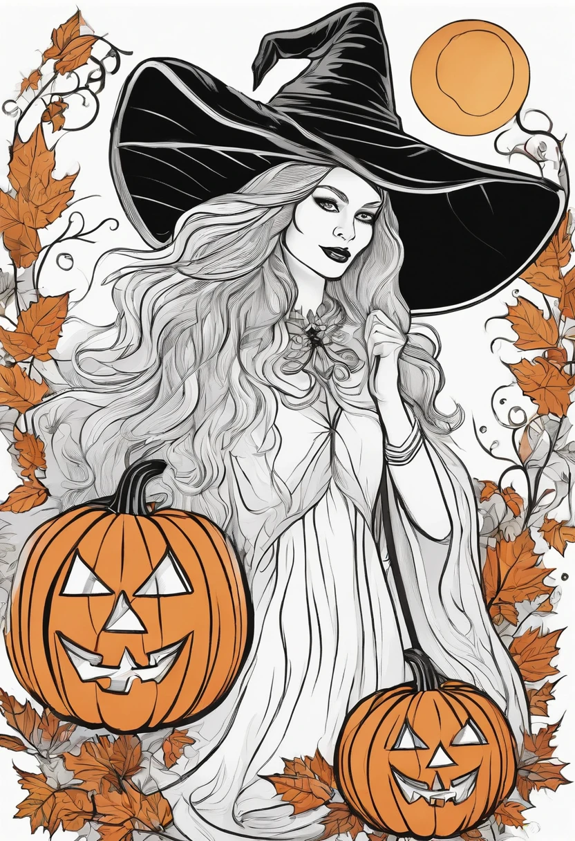 Line drawing,color no,Coloring book for ????,White background,Clear black lines isolated on white background，Halloween，the witch、Witch