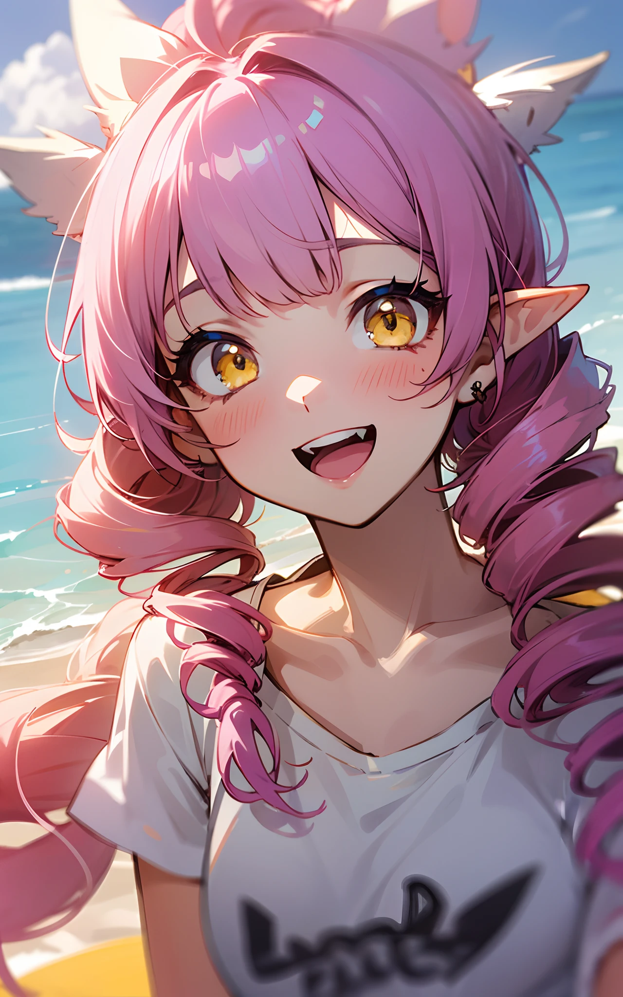 16yo girl、long-haired pink color、twin drills, Bangs divided into left and right:1.5、Yellow eyes、pointy ear、burst into laughter、white t-shirts、white short pants、landscape of a beach、Soft lighting、summer feel、a closeup