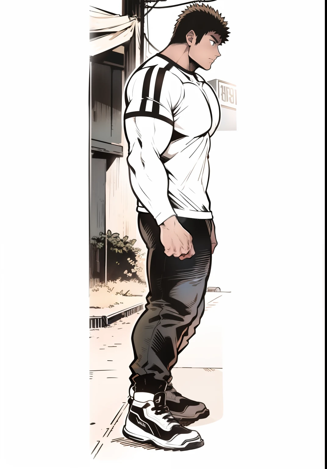 Gere uma imagem de arte no estilo anime de um homem com uma jaqueta azul escura e muito musculoso, fisiculturista