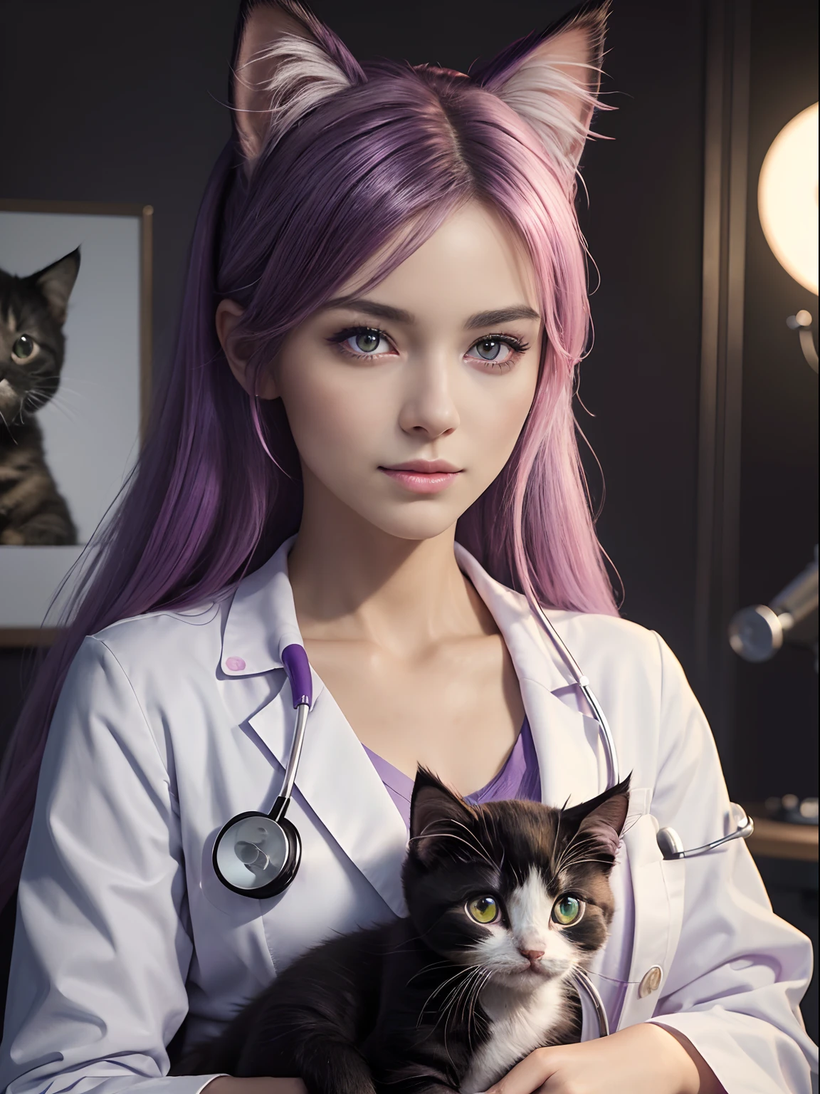 (Masterpiece:1.3), (8K, Photorealistic, Raw photography, Best Quality:1.4), (1girl)Red eyes, violet eyes with purple, Beautiful face, Realistic face, purple, turquoise, violet, pink eyes (Detailed face), Beautiful hairstyle long pink hair with pink cat ears, (Detailed hair), Realistic purple eyes, (Detailed eyes), Beautiful details, Realistic skin, (Detailed skin), Beautiful skin, Attractive, Ultra high definition, A hyper-realistic, Very detailed, (medium breasts:0.5), mexican beauty, (slim figure), (A veterinarian wearing a white coat examines a cute black kitten, kitten on examination table), (Stethoscope), Female doctor looking at a kitten:1.3, gentle smile, At the dog and cat hospital