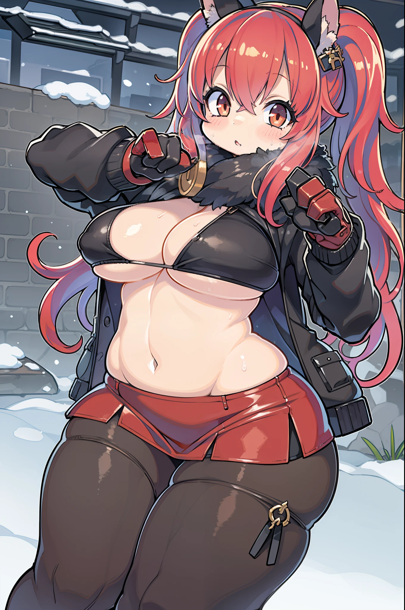 Huntress girl with rifle in snow fight pose,oriental,blade and soul,InkStyle,long red hair,Leather and fur coat,Tight mini skirt、Cold,The artwork,2D,4K,Detailed,Fantasia