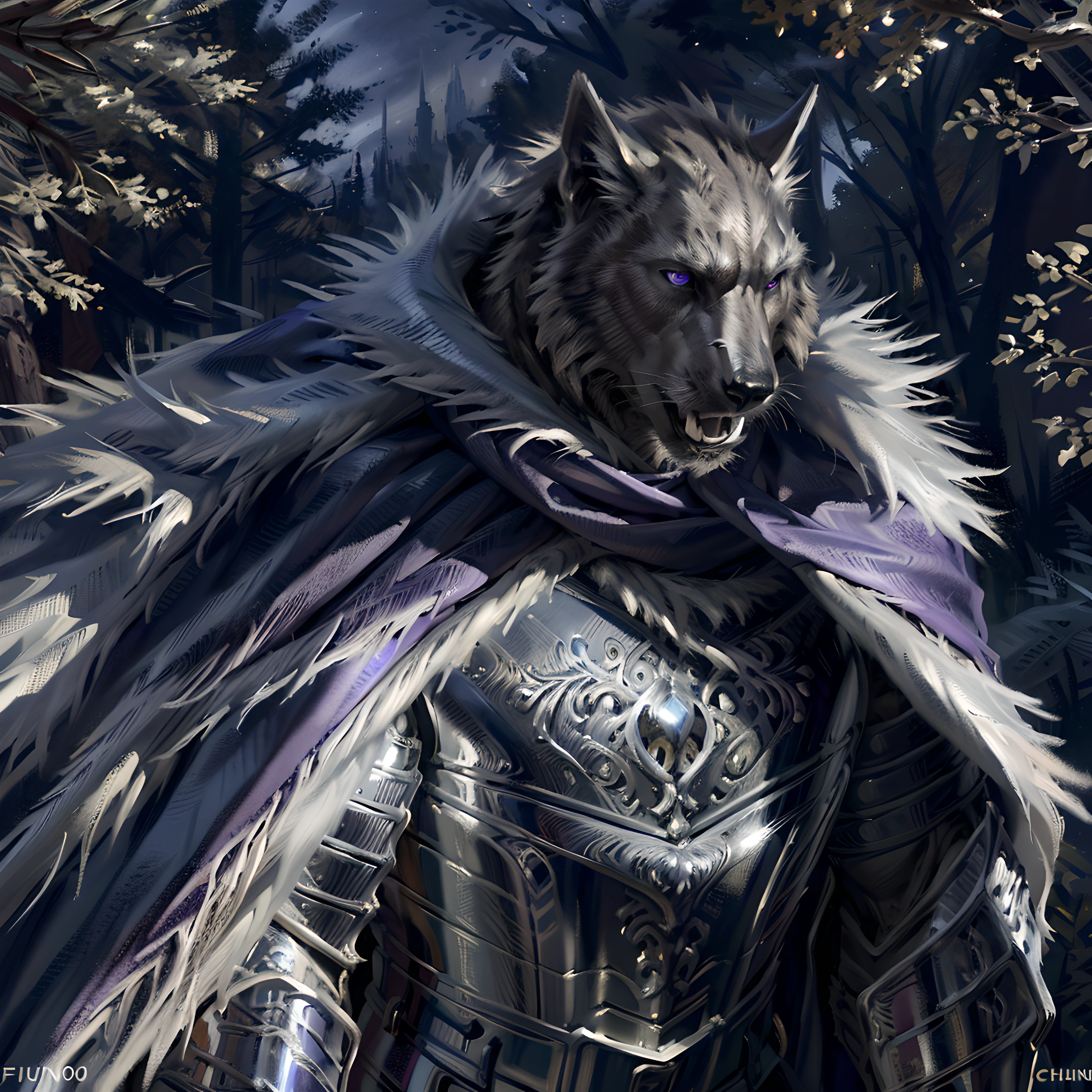 blaidd, in partial shadows, armor, cape. 4k, high resolution, best quality, perfect colors, perfect shadows, perfect lighting, posted on e621, furry body, solo, male, adult, masculine, (very muscular, buff, heavyweight, strong chest:1.3), correct anatomy, (photorealistic fur, detailed fur, epic, masterpiece:1.2), (dark fantasy world background, trees, black sky, night, cold), (by Taran Fiddler, by Chunie, by Traver009, by wfa:1.2), (detailed eyes, purple eyes:1.2), (half body, close-up:1.2), serious face, powerful posture, proud, soft shadows, looking at viewer, messy fur, speaking mouth