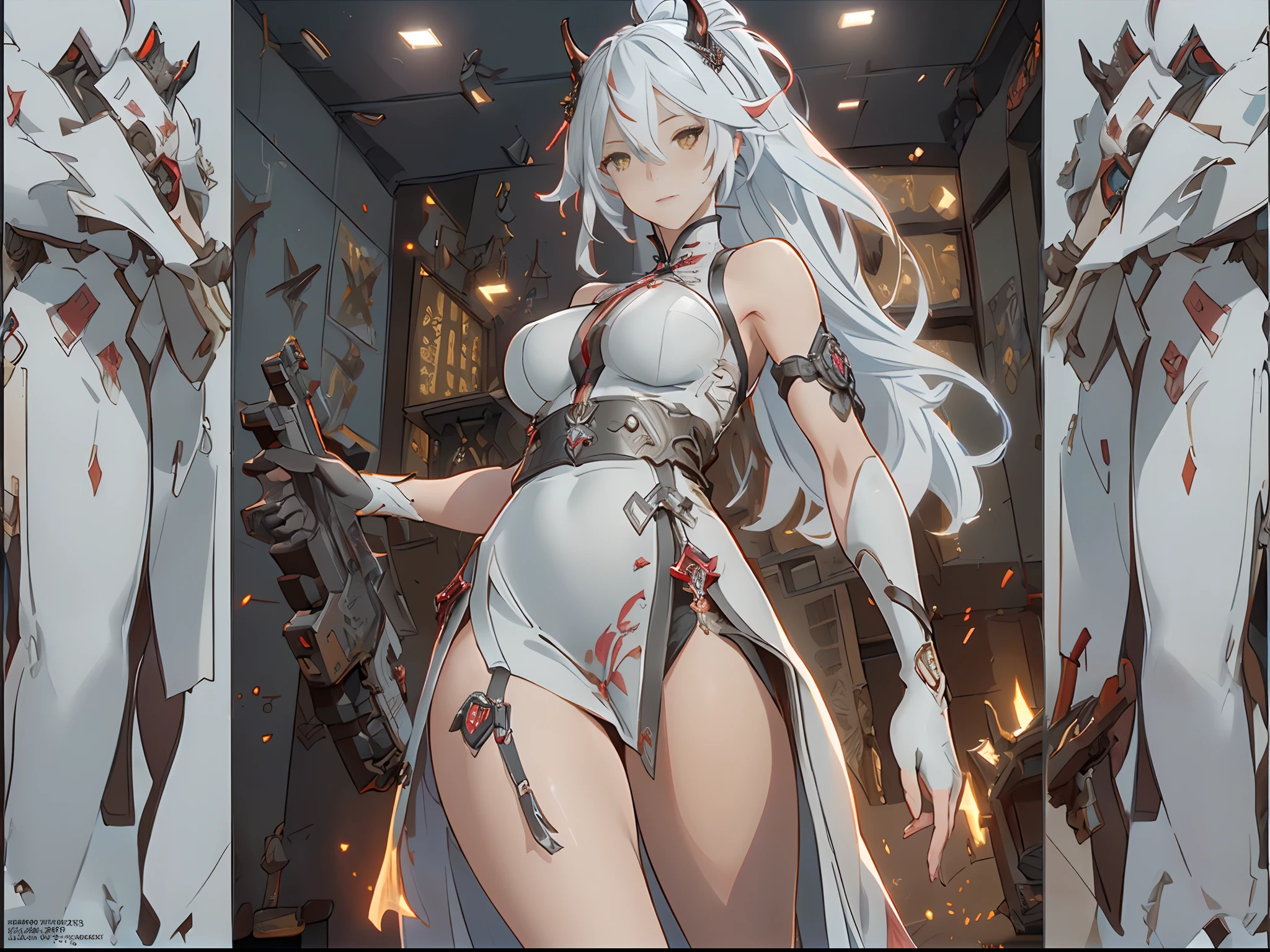 ​masterpiece, top-quality, high_resolution, fine detailed, highly detailed and beautiful, Distinct_image, 1 rapariga, 独奏, , A dark-haired, red eyes, (huge-breasted), (tits out),(Silver-haired long),Woman in red dress with gun in room, Kantai Collection Style, azur lane style, kantai collection arcade, from the azur lane videogame, Fine details. girls' frontline, girls frontline style, kancolle, from girls frontline, characters from azur lane, M4 Sopmod II Girls Frontline, girls frontline cg, from arknights