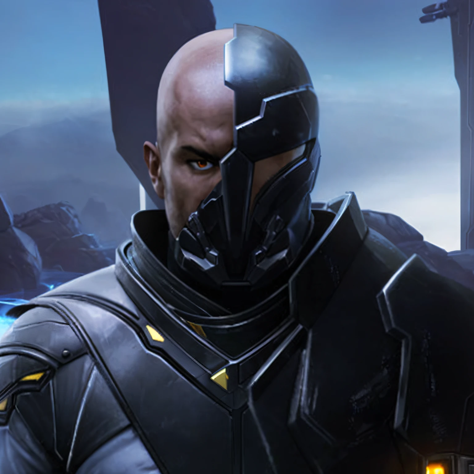 arafed man in a futuristic suit standing in front of a mountain, metabaron, turian, inspired by Rajmund Kanelba, bioware, starcraft 2 videogame character, clothed in stealth armor, clothed in sci-fi military armor, dren from splice, face of an armored villian, anfas portrait of a mech warrior