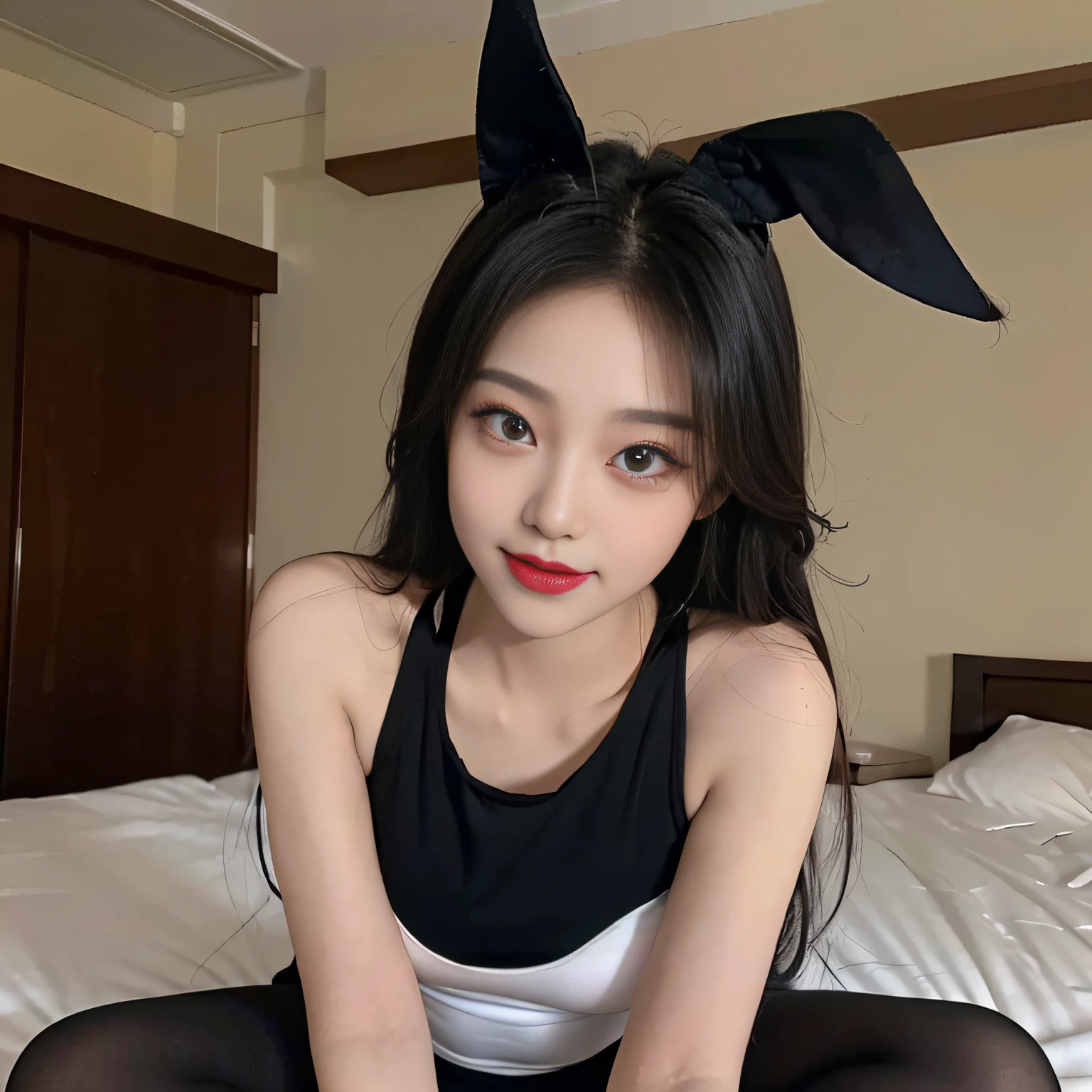 20 Years Old Cute Korean,Black premium pantyhose,Sexy bunny girl costume,Black rabbit ears,beautiful eyes in detail,eyeslashes,beautiful double eyelid,eye shadows,dropping eyes,(Elongated eyes:1.2,Narrow eyes:1.1),Perfect eye makeup,(((seduct smile,Quiza exterior,Evil expression))(kneeling on a bed)