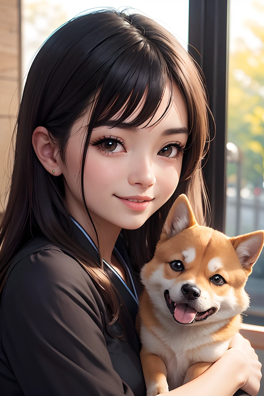 (Details of a very cute face), (Best Quality:1.4), 8K resolution, High resolution, 1girl, cute  girl, best cute, Super cute detailed face, Smooth skin, inely detailed beautiful eyes, Official portrait, Fine skin texture, Gloss on lips, Parted lips, Japanese, casual fashion, happy smile, sitting cross-legged, Shiba Inu puppy, Holding a Shiba Inu puppy