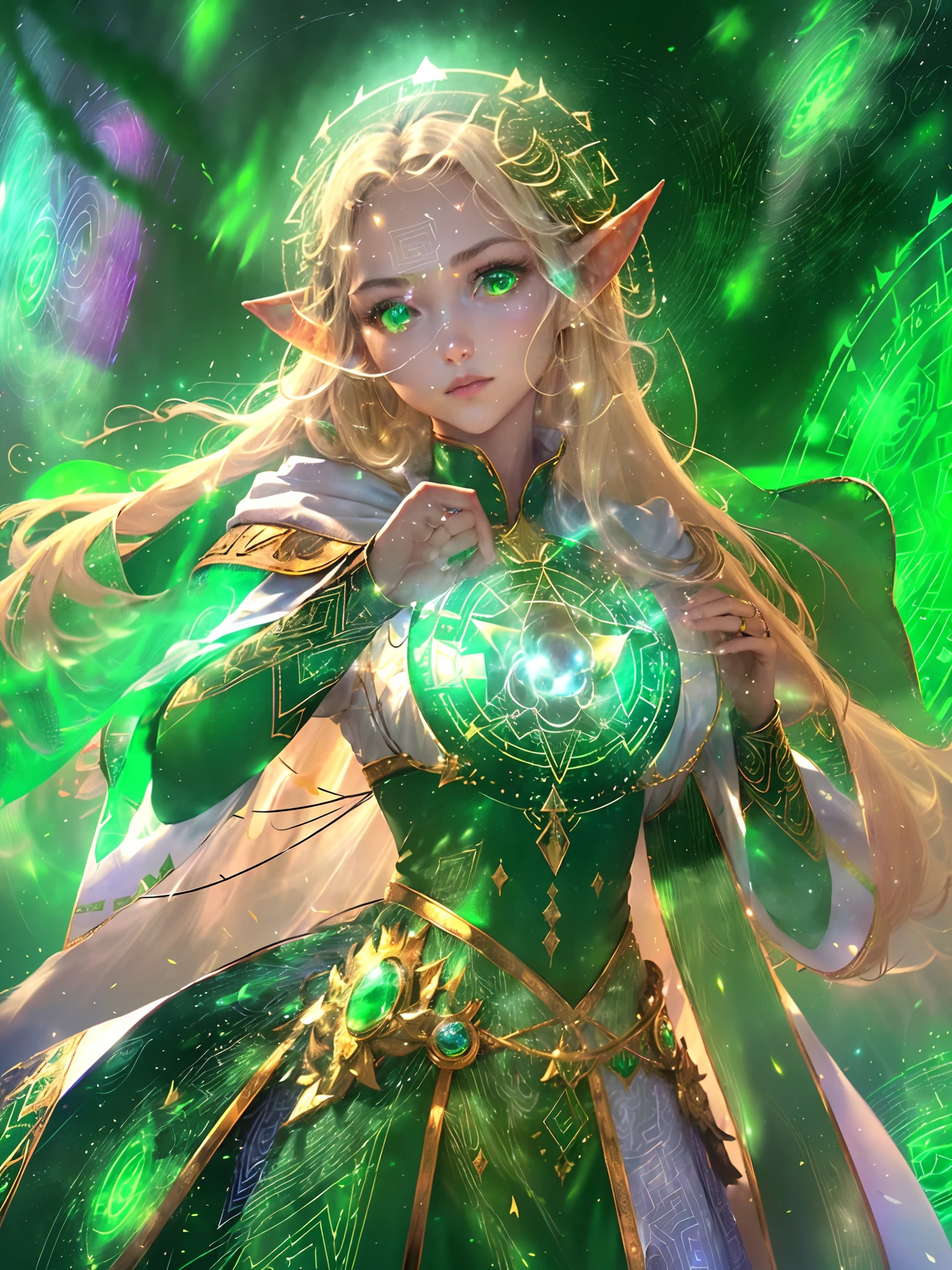 (((Masterpiece, highest quality, high definition, high detail)))), ((((Fantasy)))), one, (Elf woman)))), (short white skirt embroidered with gold), (Blonde long straight hair), (Fine dark green eyes)))), (Green cloak armor with gold embroidery)), Big, (Strong wind), (Cast spells)), (A lot of glowing grains are flying), ((( A vortex of light gathers in the hand))), (((Magic circle of light densely drawn with geometric patterns and magic letters in the background))), ((Many glowing green arrows are released)), forest, magic circle reflected in cloak