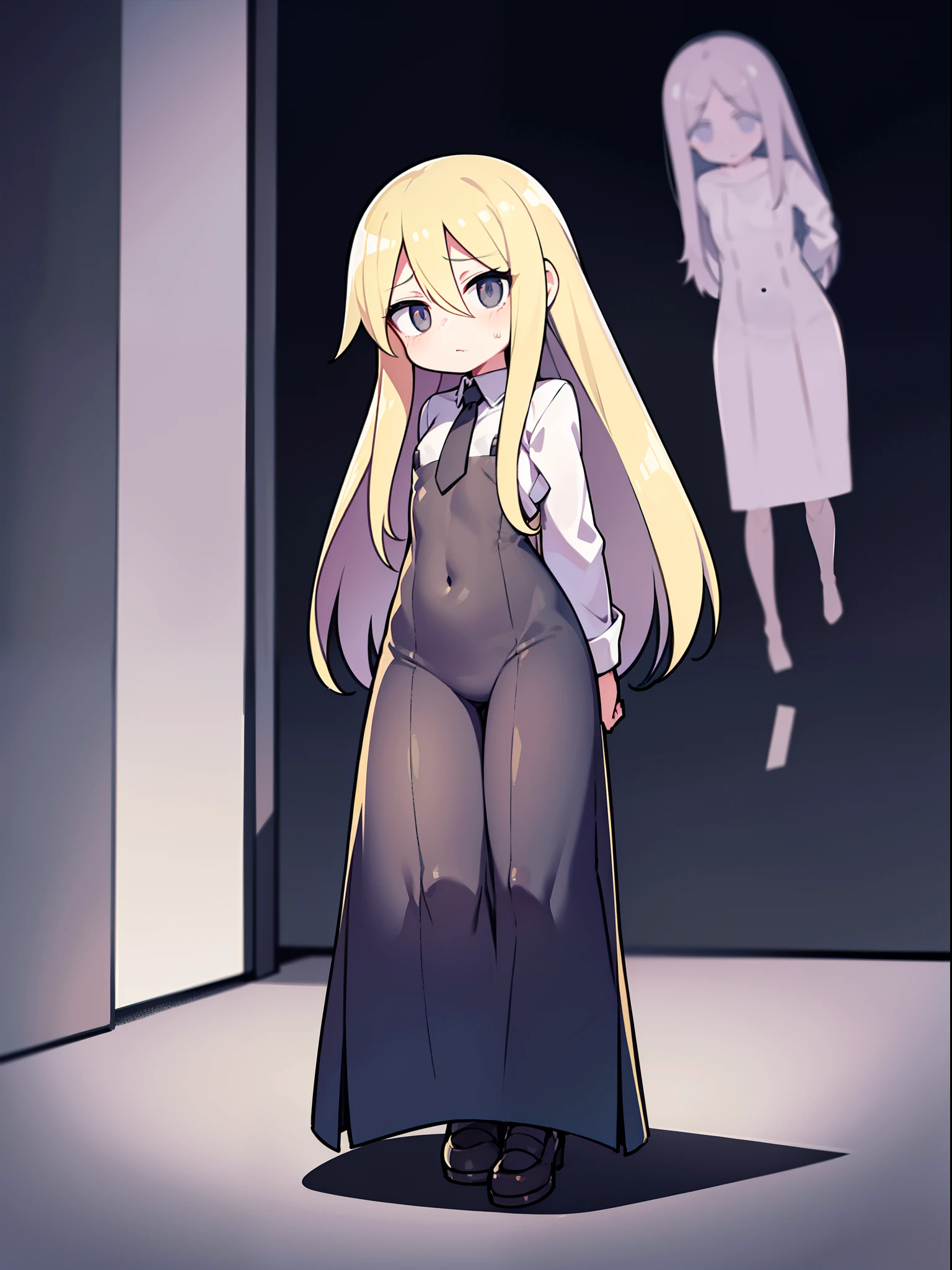 Modest, Shy, Cute, smart, blonde 14 years old, straight long hair to the middle of the back; Nice friendly look, large grey eyes, long eyelashes; shapely body, Almost flat chest; narrow hips; Caught by a dressed girl in the school toilet completely naked; Unbearable embarrassment, stunned, Wild horror in the eyes ; full body photographed; high quality textures, higly detailed