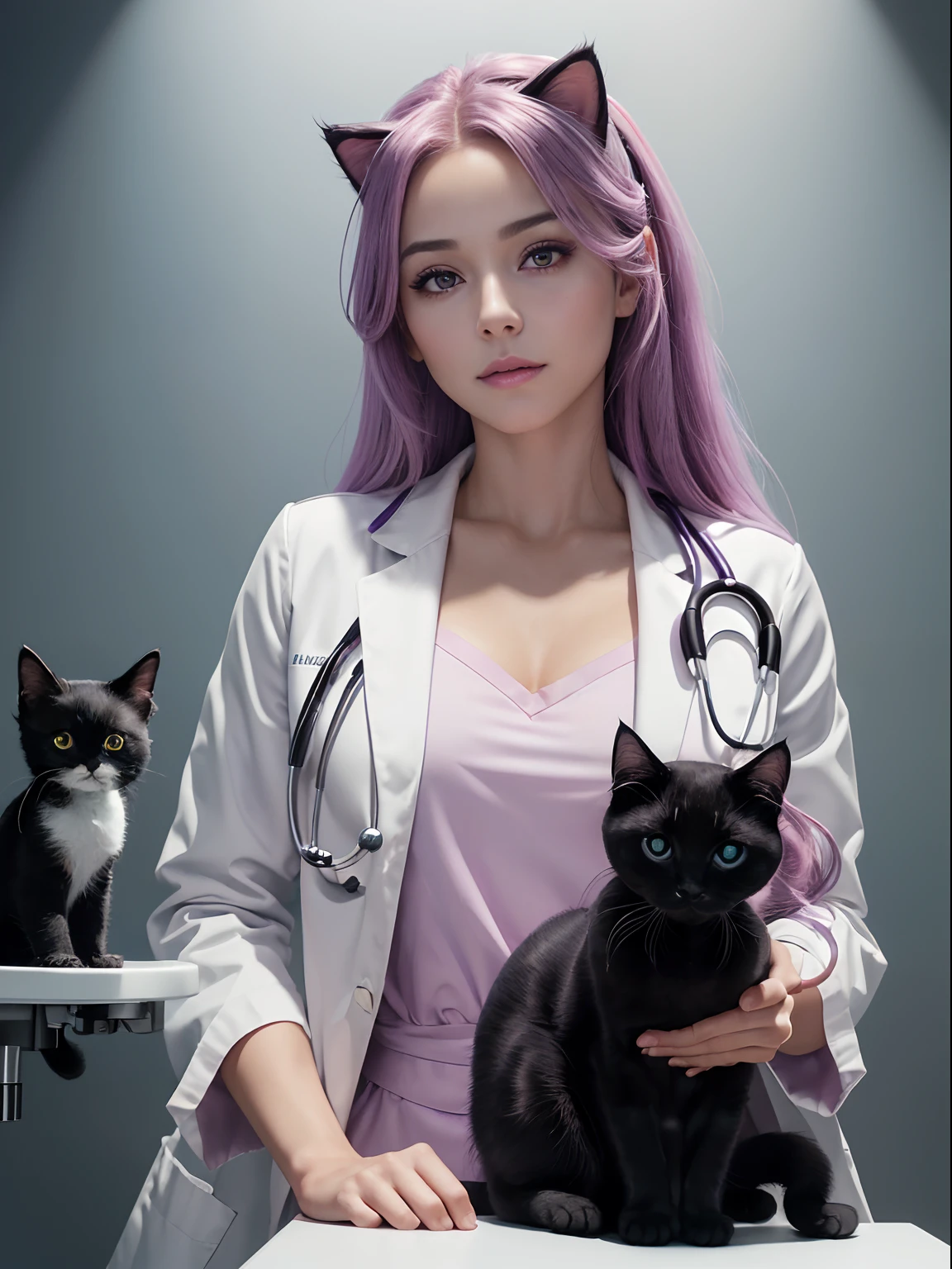 (Masterpiece:1.3), (8K, Photorealistic, Raw photography, Best Quality:1.4), (1girl)Red eyes, violet eyes with purple, Beautiful face, Realistic face, purple, turquoise, violet, pink eyes (Detailed face), Beautiful hairstyle long pink hair with pink cat ears, (Detailed hair), Realistic purple eyes, (Detailed eyes), Beautiful details, Realistic skin, (Detailed skin), Beautiful skin, Attractive, Ultra high definition, A hyper-realistic, Very detailed, (medium breasts:0.5), mexican beauty, (slim figure), (A veterinarian wearing a white coat examines a cute black kitten, kitten on examination table), (Stethoscope), Female doctor looking at a kitten:1.3, gentle smile, At the dog and cat hospital
