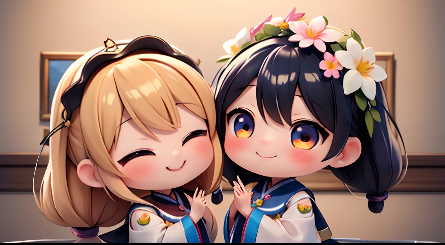 photoRealstic、Two dolls standing in front of the painting(nendroid)、A smile、Water droplets on the cheeks、In a cute pose、watercolor Nendoroid、(High Definition Figure)、Flowing iridescent silk、up of face、Eye Up、There are also flowers in front of the nendroids、flower petals、season!!: 夏天☀ 🍂