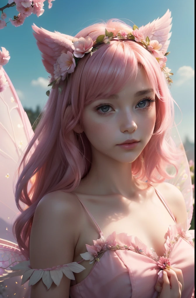 ((Masterpiece:1.3), ((Best Quality:1.4)), (Detailed face), (Detailed hair), (Detailed eyes), (Detailed skin), (Beautiful skin), Attractive, (fantasy themes), (pastel pink hair, Hair shining in the sun), pink cat ears (Beautiful flower fairy, Slim and frail, with cherry-colored wings, wearing a flower crown, wearing a dress with petals scattered all over it, and seemingly flying in a fluffy manner around a cherry bud), Gentle atmosphere.(Flap your wings), (Sparkling wings of a glowing fairy), Cinematic Lighting
