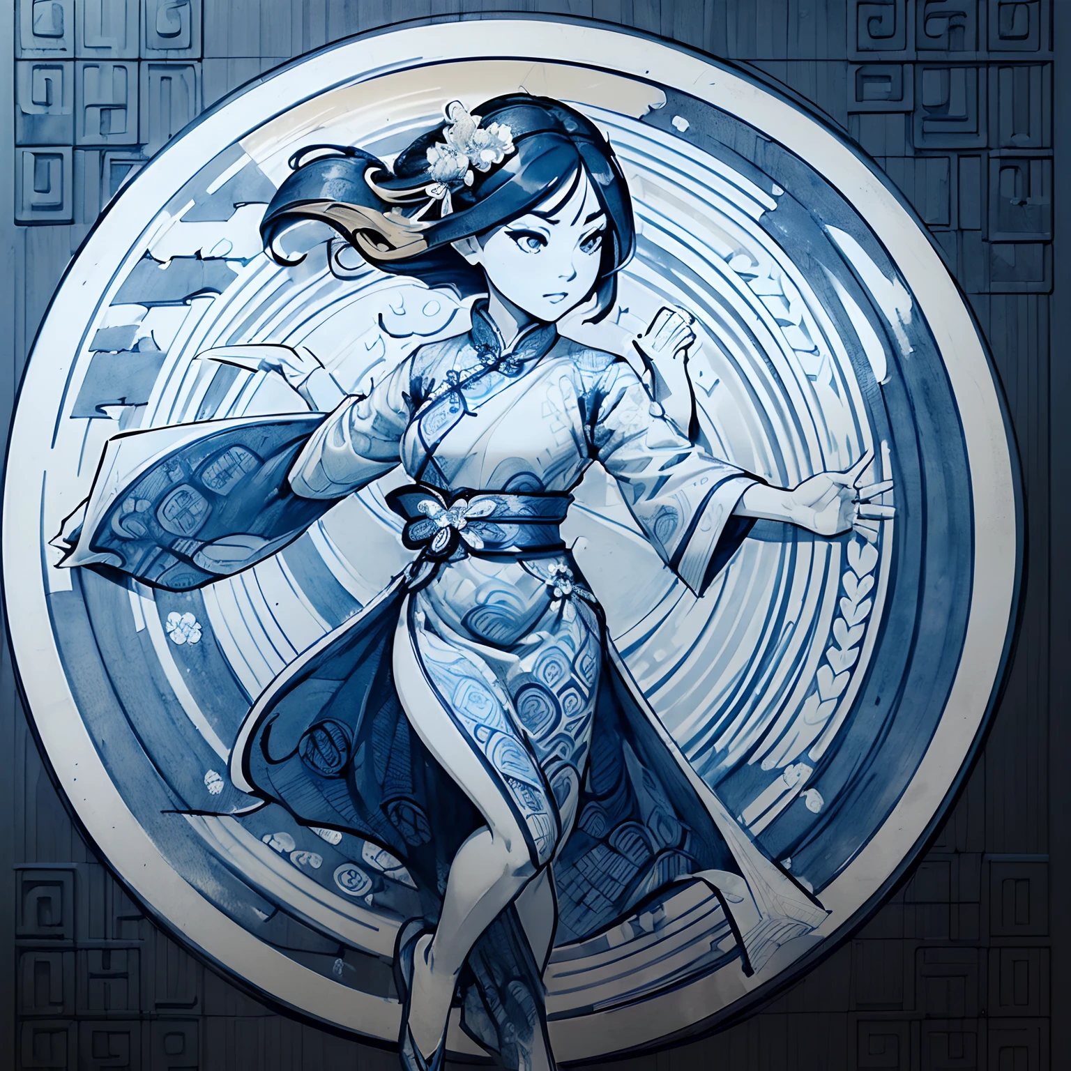 (((handmade drawing with indigo ink only))), a beautiful chinese woman wearing traditional dress qipao, full body, delicate and intricate pattern as background, blue and white contrast, watercolor, centered, dynamic pose, extremely detailed, sharp focus, MSchiffer, hand-drawn, 2D, two-dimensional, concept art, (monochrome:1.7) (blue:1.6) (comic style), vector, (flat colors:1.5) --auto