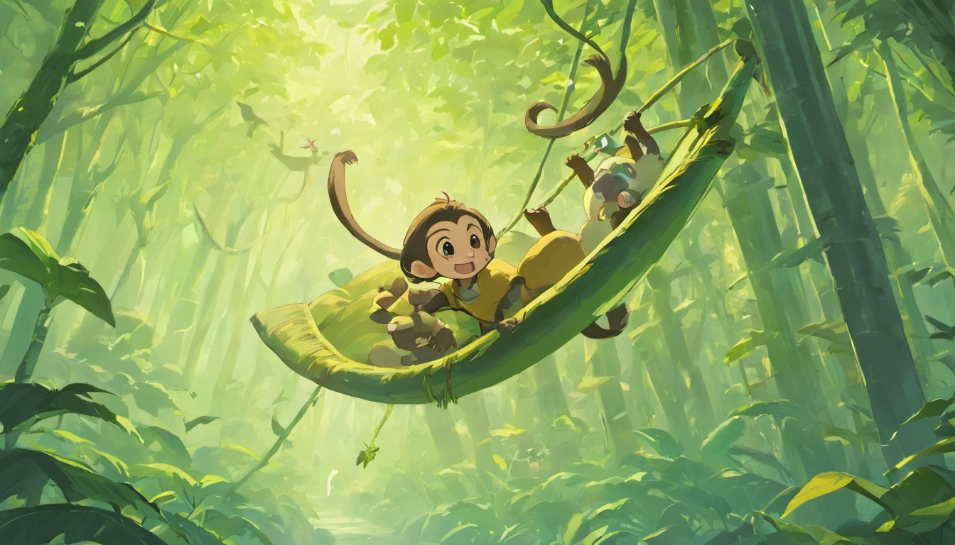 (bellow),(Turn into a monkey),(Fly into a primeval forest),(Swinging vines),(Chuangfei passes by a monkey eating bananas),(bellow),(Turn into a monkey),(Fly into a primeval forest),(Swinging vines),(Chuangfei passes by a monkey eating bananas),(bellow),(Turn into a monkey),(Fly into a primeval forest),(Swinging vines)