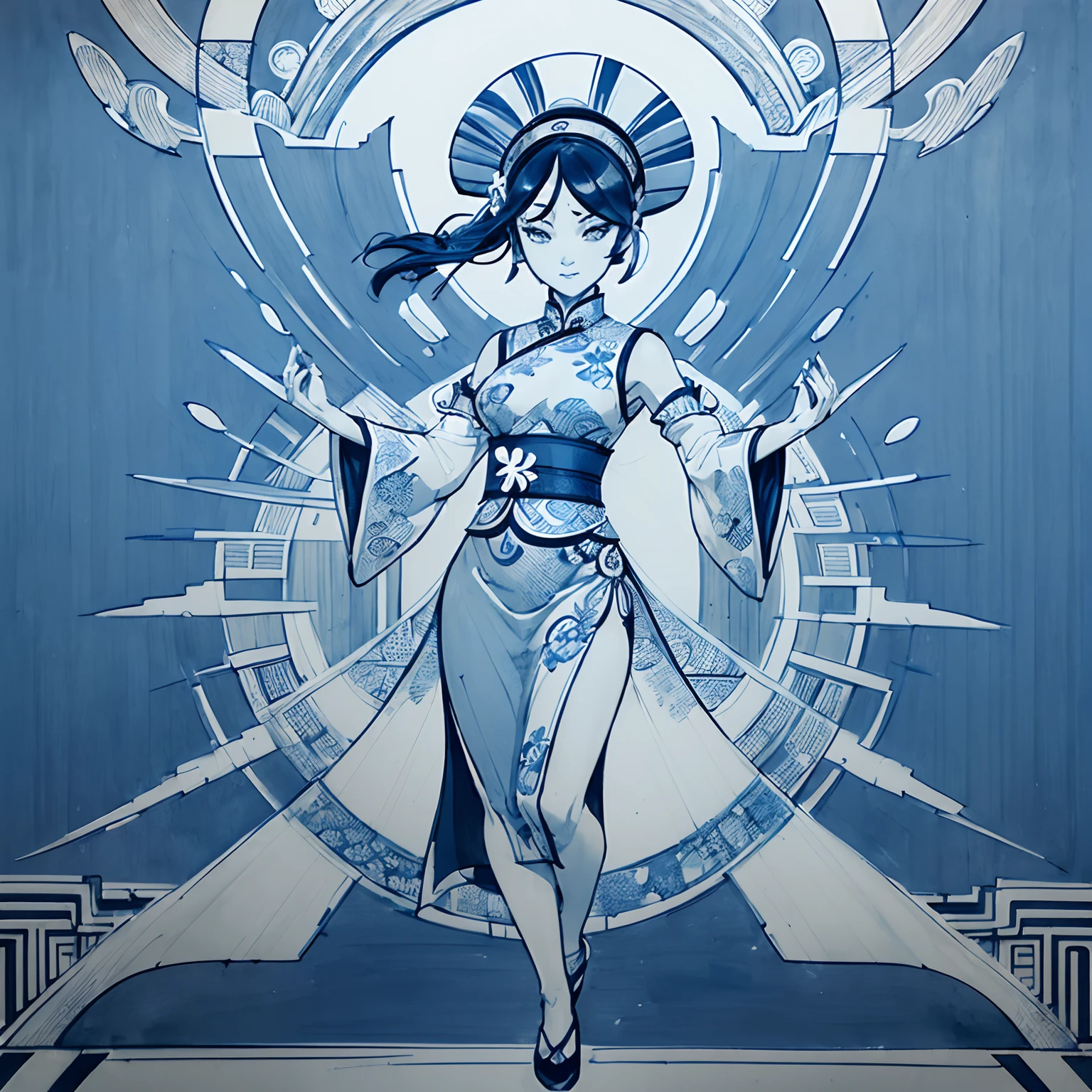 (((handmade drawing with indigo ink only))), a beautiful chinese woman wearing traditional dress qipao, full body, delicate and intricate pattern as background, blue and white contrast, watercolor, centered, dynamic pose, extremely detailed, sharp focus, MSchiffer, hand-drawn, 2D, two-dimensional, concept art, (monochrome:1.7) (blue:1.6) (comic style), vector, (flat colors:1.5) --auto