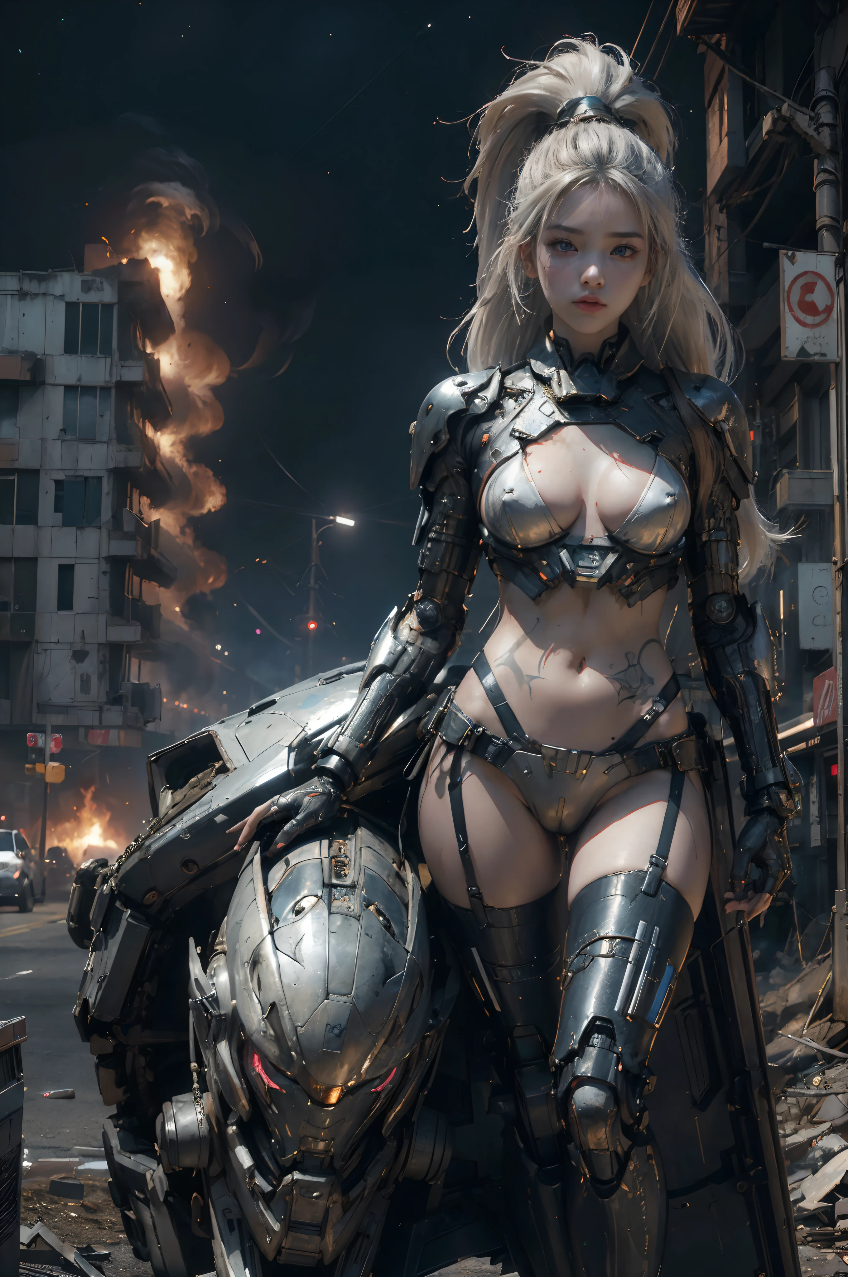 girl in (highly realistic (bikini)) wearing (exo-suit), exoskeleton, cyberware, cyberpunk, futuristic, seductive girl, perfect white haired girl, ponytail hair, post apocalyptic city, broken buildings, flames, fire and smoke, destruction, dystopian city, ((night)), lifelike, badass girl, attractive girl, ((hip tattoos)), (8K high-resolution:1.3),(Raw foto:1.2), (Photorealsitic:1.3), (masterpiece: 1.25), ((1 girl)) big breast, Expose cleavage, alluring , beautiful detailed girl, extremely detailed eye and face, beautiful detailed eyes, thin makeup, clear facial features, professional lighting, photon mapping, radiosity,