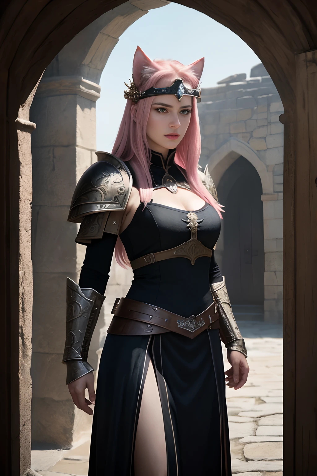 (Masterpiece:1.3), (8K, Photorealistic, Raw photography, Best Quality:1.4), beautiful portrait, (1woman), Beautiful face, Realistic face, (Detailed face), light long pink hair, pink cat ears, Beautiful hairstyle, (Detailed hair), Realistic purple eyes, (Detailed eyes), Realistic skin, (Detailed skin), Beautiful skin, Attractive, Ultra high definition, A hyper-realistic, Very detailed, (extremely intricate), professional photograph, sharp focus, dramatic, cinematic lighting, octane render, unreal engine, volumetrics dtx, (film grain), (wearing medieval armor), (Breastpate, Backplate, Cuisses, Porin, Besagew, Rerevrace, Vambrace, Gauntlet, Sabaton, Greaves, Spool),Beautiful details, (Standing with a spear at the entrance to the King's Chamber), (Visor and shield at her feet),