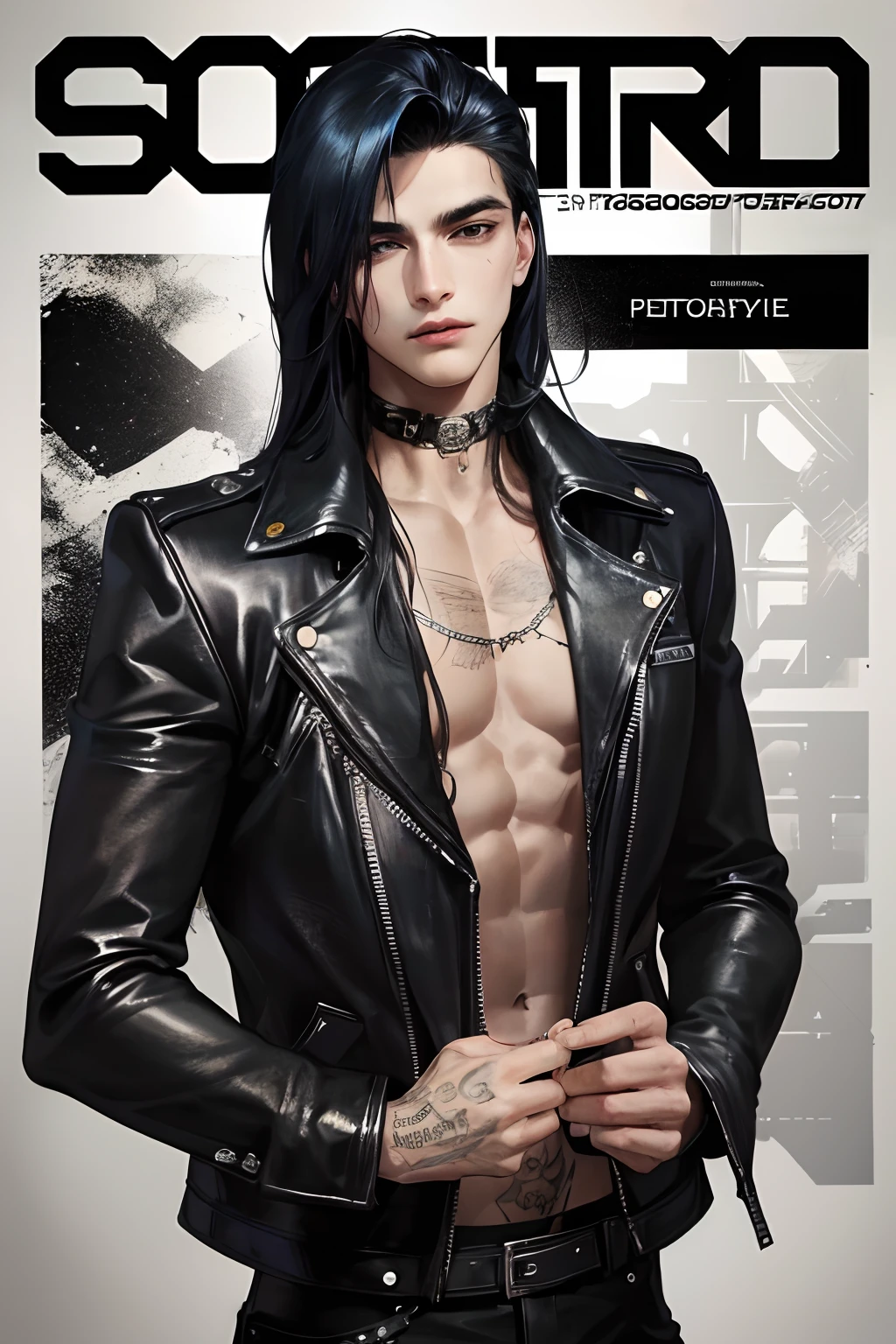 Young guy, Coiling hair, карэ, violet eyes, Ritual tattoos on the body, leather trenchcoat, pants, open torso, smirk, cane, Masterpiece, highly quality