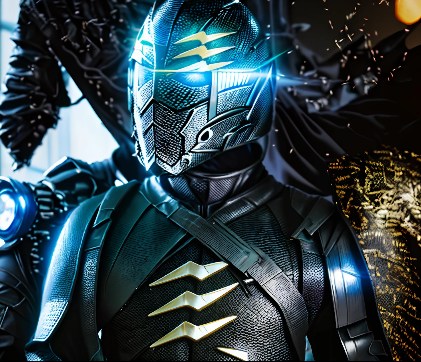 Raw 8k UHD high detail, 1man in a black suit with golden rays on his chest with katakana, armadura preta com detalhes amarelos, Uniforme blindado preto, roupas futuristas e capacete, Traje de Samurai, Uniforme preto dourado, the secret seventh power ranger, tokusatsu terno vaporwave, Armadura preta e dourada, Armadura Obsidiana de Ouro, lightning helmet, armadura preta fosca simplificada, Armadura preta e dourada