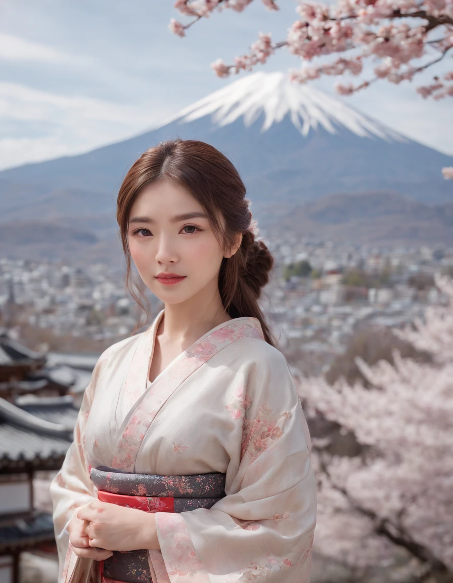 (best quality:1.4), (ultra highres:1.2), (photorealistic:1.4), (8k, RAW photo:1.2),(portrait shot:1.3), 1girl, solo, long hair, brown hair, bokeh, depth of field, kimono, japanese clothes,print_kimono,, cherry blossoms, looking at viewer,the background is mount fuji and kyoto cityscape,