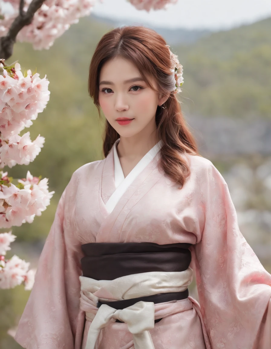 (best quality:1.4), (ultra highres:1.2), (photorealistic:1.4), (8k, RAW photo:1.2),(portrait shot:1.3), 1girl, solo, long hair, brown hair, bokeh, depth of field, kimono, japanese clothes,print_kimono,, cherry blossoms, looking at viewer,the background is mount fuji and kyoto cityscape,