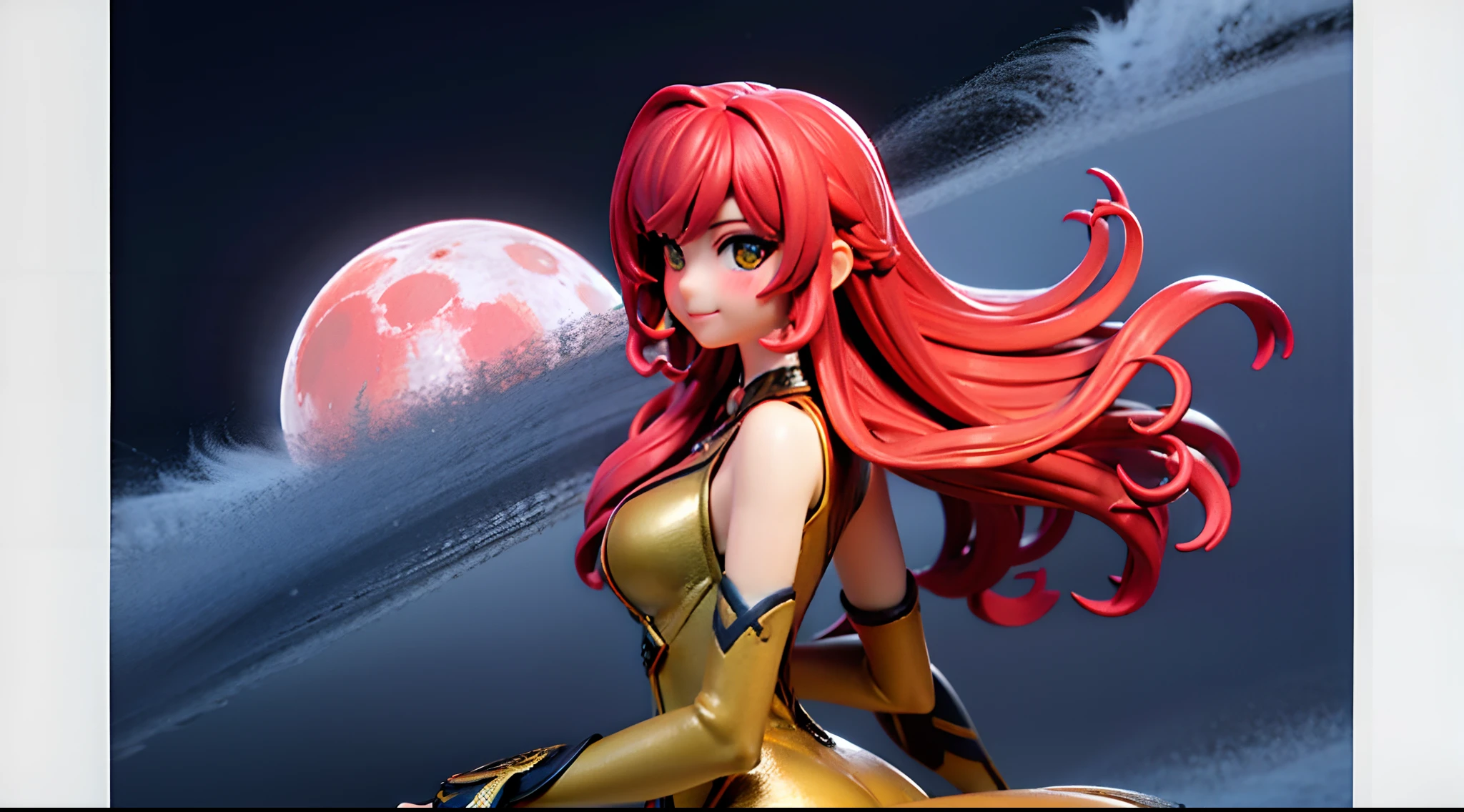 (Background Centre:1.6), 3D Animation film, CG Animation, high quality Animation, 1 girl and animals, silver tiger, Prayer to Peace, red hair, long curly hair, smile, blush, green gradient Long dresses, Standing on the edge of a sheer cliff, Back shot, a large red moon, vaguely reddish nebulous clouds. detailed background: 1.2, Fantastic light effects, 3DMM