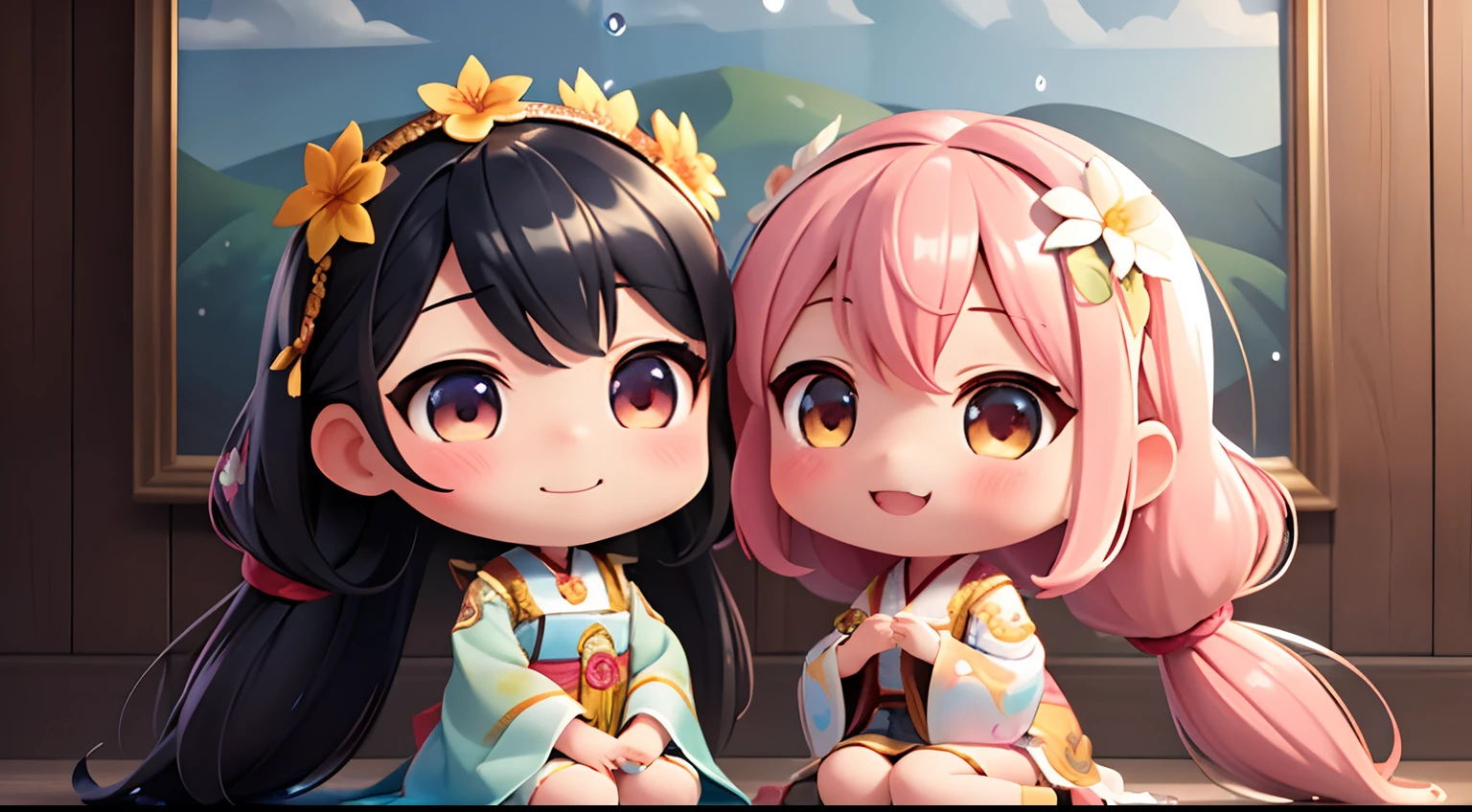 photoRealstic、Two dolls standing in front of the painting(nendroid)、A smile、Water droplets on the cheeks、In a cute pose、watercolor Nendoroid、(High Definition Figure)、Flowing iridescent silk、up of face、Eye Up、western clothes、There are also flowers in front of the nendroids、flower petals、season!!: 夏天☀ 🍂