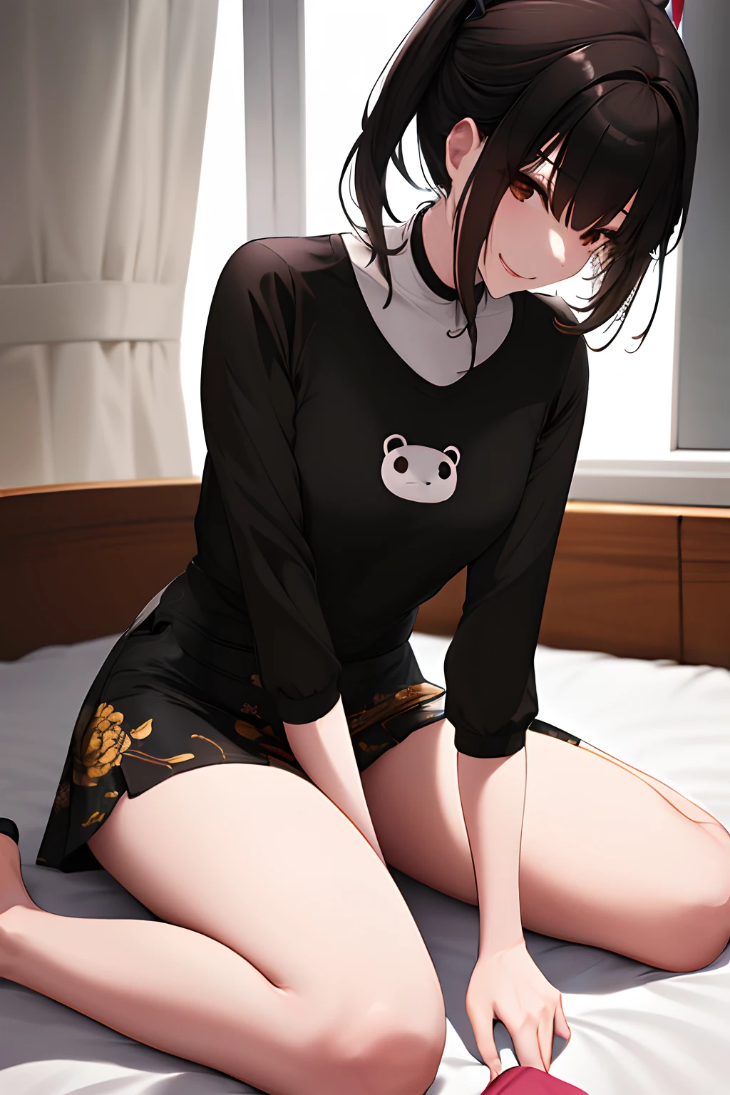 masuter piece, top-quality, Hi-Res, 1girl, 独奏, white  shirt、Tight mini skirt with floral pattern、Black hair, poneyTail, Brown eyes, , a room,Sitting in bed、Kneeling、 evil smile,