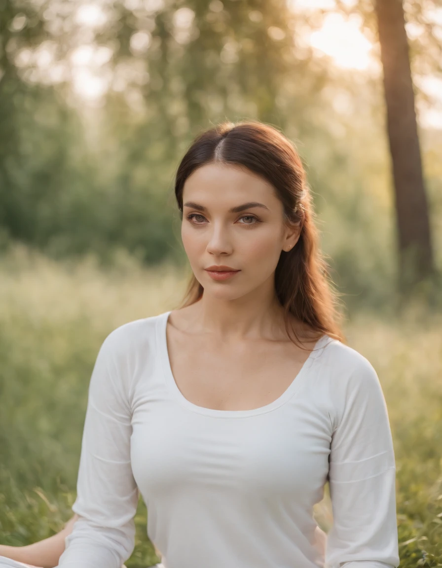 women in white tops do yoga posture, in the style of naturalist aesthetic, yellow and orange, calm landscapes, sigma 85mm f/1.4 dg hsm art, serene faces, y2k aesthetic, smilecore .