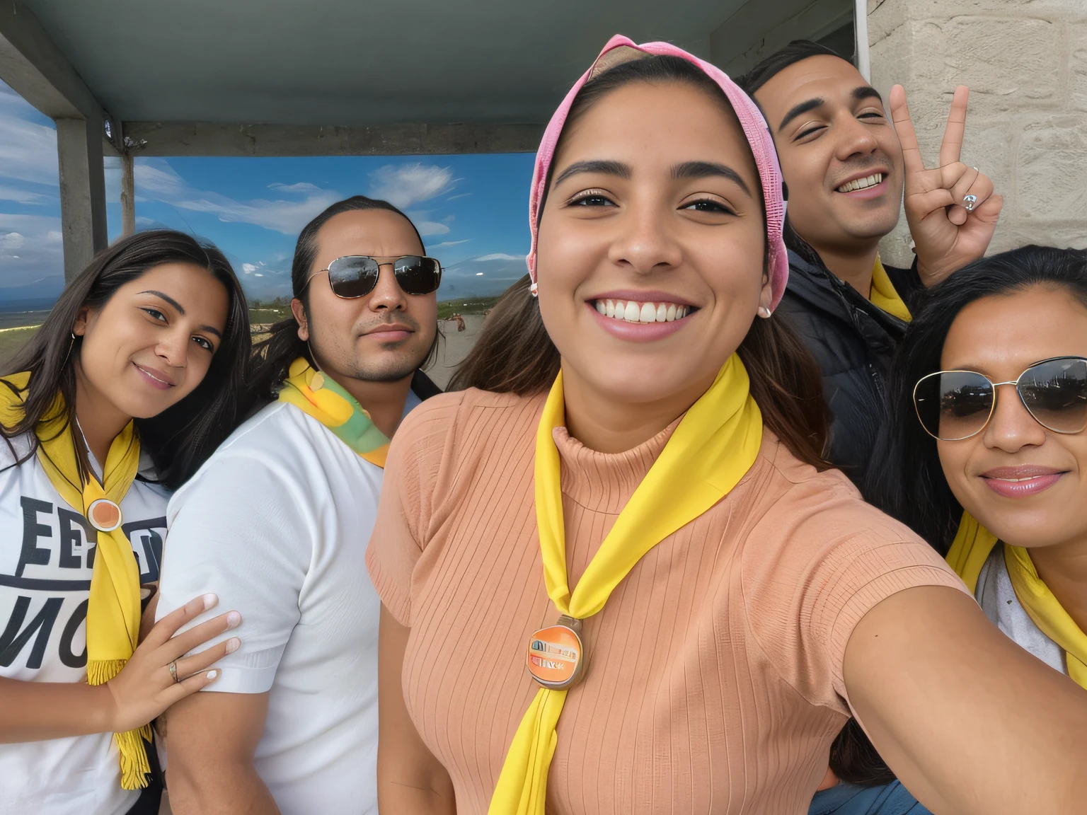 Several women are posing for a photo with a yellow scarf, com panos amarelos, foto selfie, non blurry, selfie shot straight on angle, Selfie!!!!!, com pintinhos, com o sol brilhando sobre ele, Foto POV, instagram story, Selfie, taken in the early 2020s, com pele parda, Captured not iPhone, Tiro em GoPro9