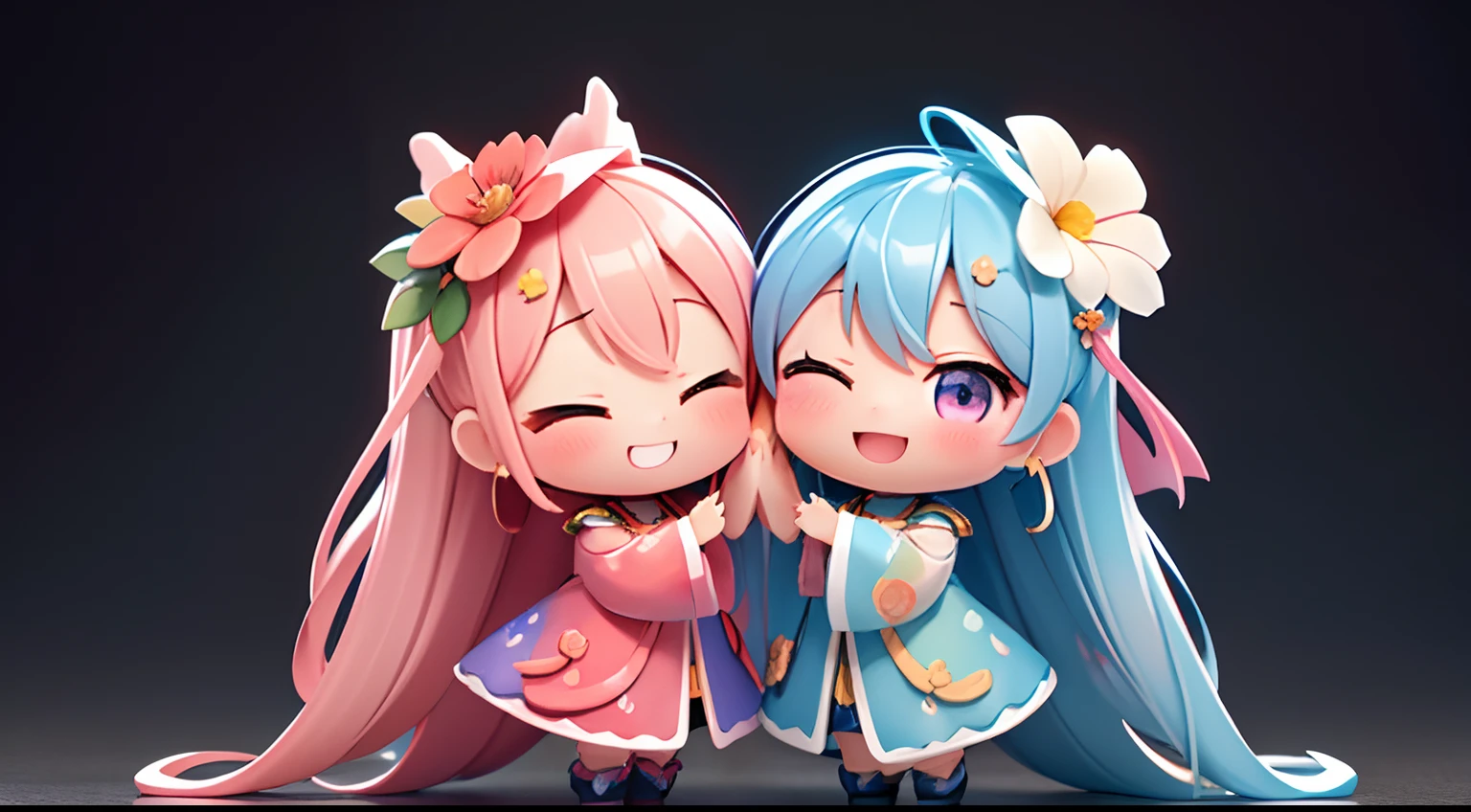 photoRealstic、Two dolls standing in front of the painting(nendroid)、A smile、Water droplets on the cheeks、In a cute pose、watercolor Nendoroid、(High Definition Figure)、Flowing iridescent silk、up of face、Eye Up、western clothes、There are also flowers in front of the nendroids、flower petals、season!!: 夏天☀ 🍂