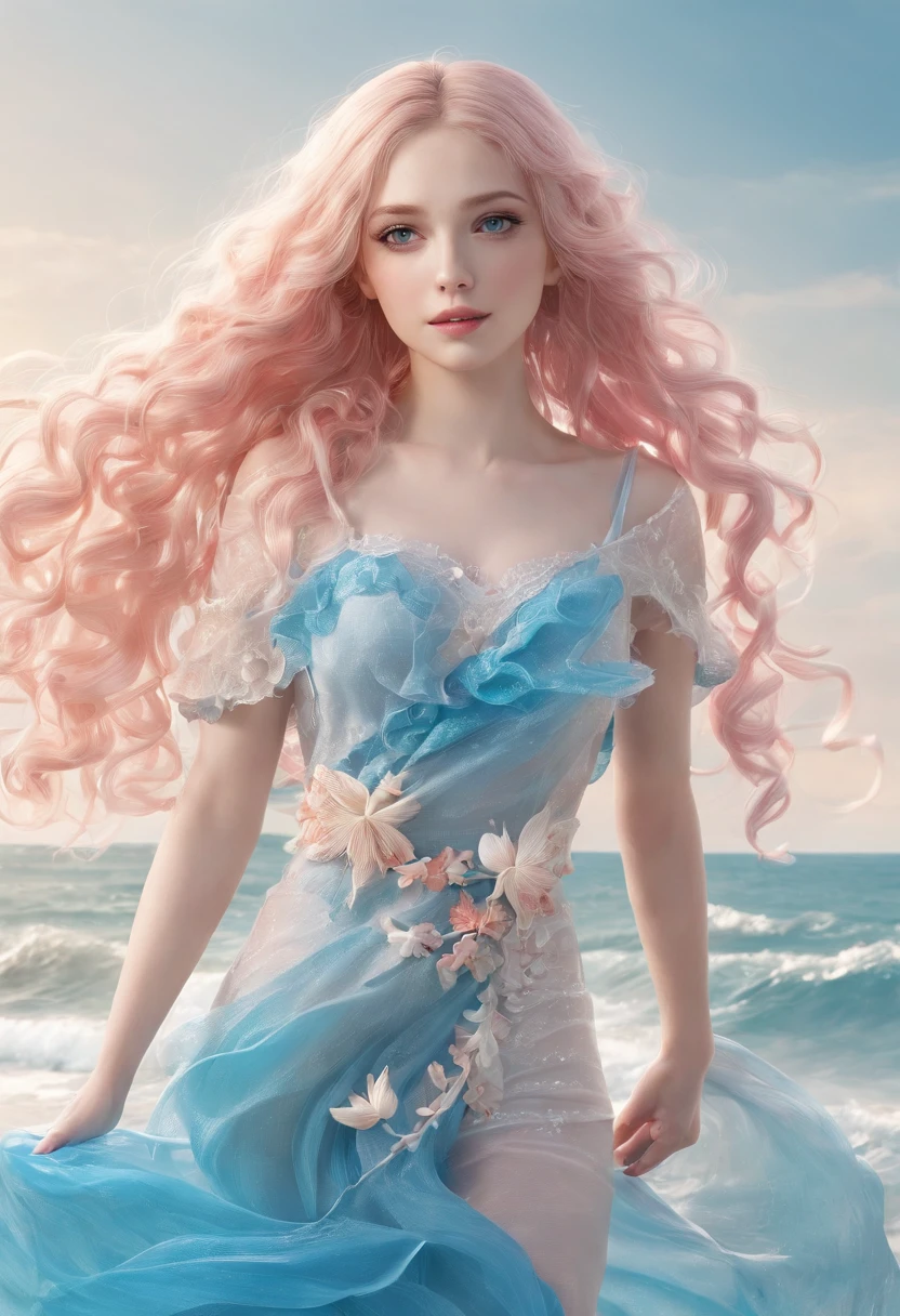 Delicate beautiful CG artwork),(Best Quality, Ultra-detailed, High resolution),(Dynamic Angle, Dynamic lighting),(1 character),(Long pink and blonde hair), Blue eyes, Beautiful face), 1 girl, (Long sideburns, Plants, Smile, Long Blue Dress, 3 d, ocean, Water, beach balls, seashells, Sunny, Windy
