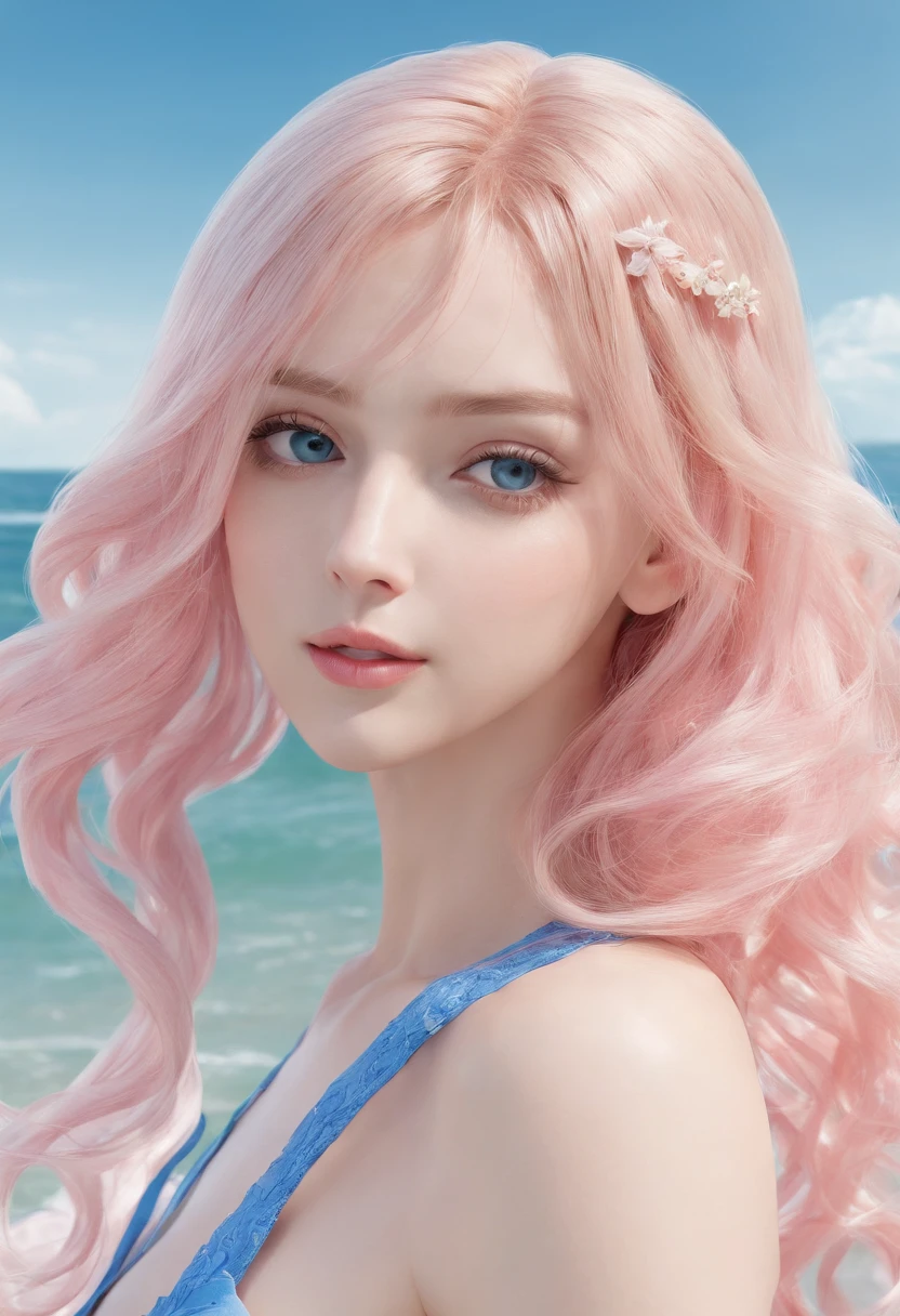 Delicate beautiful CG artwork),(Best Quality, Ultra-detailed, High resolution),(Dynamic Angle, Dynamic lighting),(1 character),(Long pink and blonde hair), Blue eyes, Beautiful face), 1 girl, (Long sideburns, Plants, Smile, Long Blue Dress, 3 d, ocean, Water, beach balls, seashells, Sunny, Windy