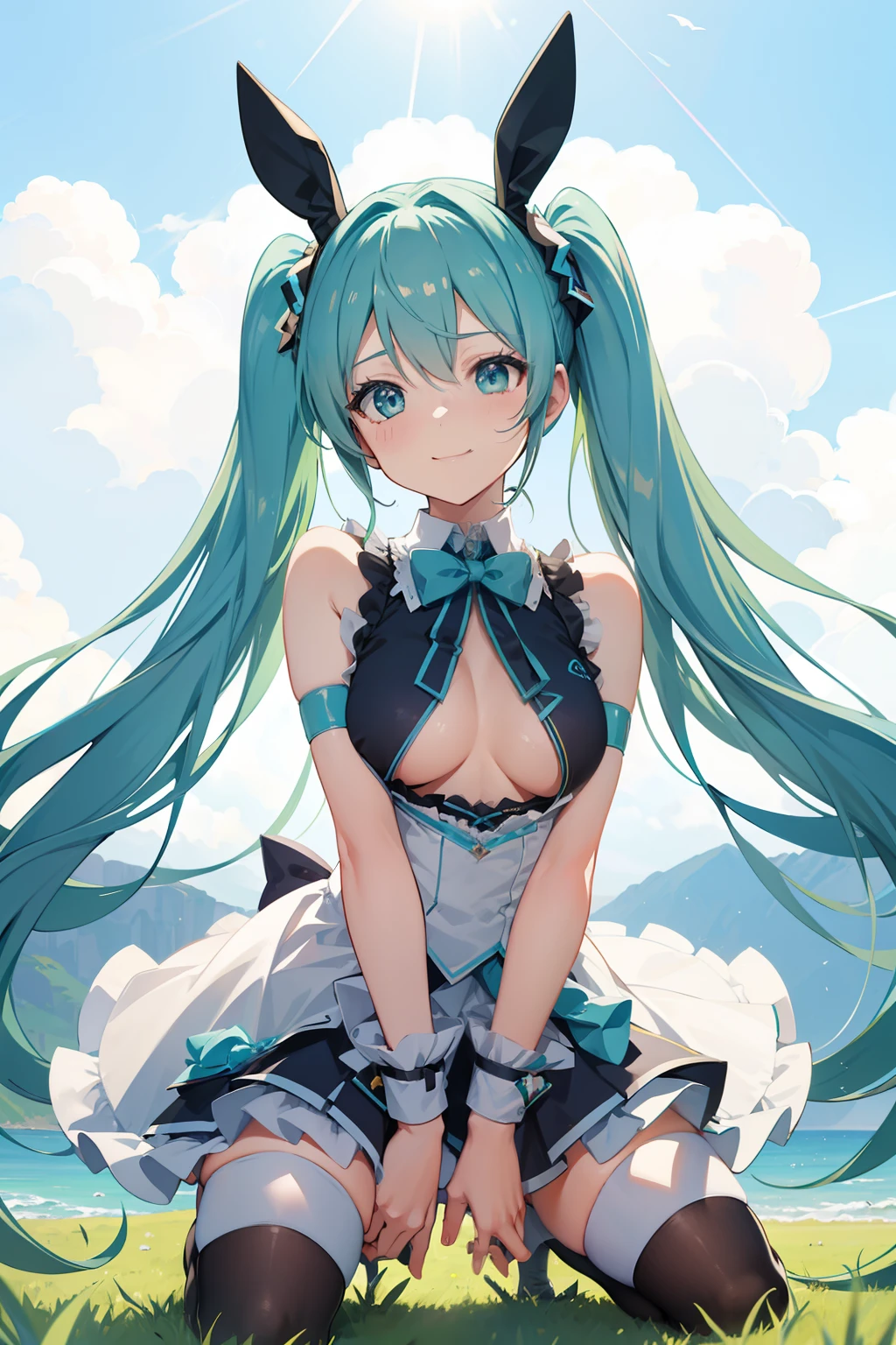 miku hatsune、top-quality、small curvy li、(Bunny Cosplay)、Angle from below、very big boobs、kindly smile、crouching cowgirl、Facing the front、Open legs、POV