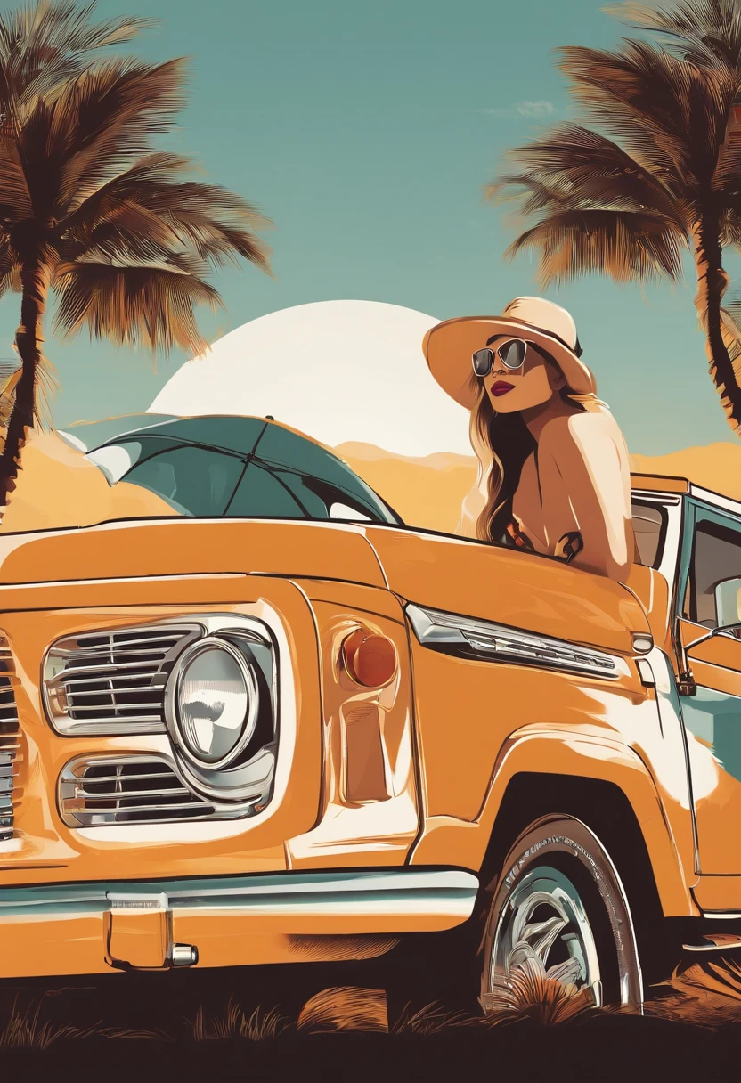 2d vector illustration, T-shirt design for jeep girls, Summers, Palm trees, (Surf: 1.1), (combi), Sun'rays, (Best Quality, masutepiece: 1.3), Minimalist, (8 colors)