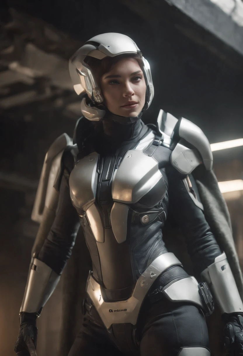 ((Calidad superior)), ((obra maestra)), ((realista)), (Los detalles), (Fotorrealista:1.5), La chica del futuro, Japoneses,(cuerpo grueso), (Traje blanco), 23years,La armadura se ilumina, Cyber hat, Abdominal exposure,Looking at the camera, dynamicposes, Science-Fiction, HDR, Trazado de rayos, NVIDIA RTX, Los ultra-Highres, Irreal 5, Sub-Surface Scatterring, Texturizado PBR, Post-procesamiento, Anisotropic filtering, Profundidad de campos, maximum sharpness and sharpness, Regla de los tercios、8K RAW、(Luminescent Particles:1.4)、(super-detailed CG、Unidad 8k Fondos de pantalla、....3D、lighting like a movie、destello de lente)、reflector、foco nítido、Arte cyberpunk、Arquitectura cyberpunk、