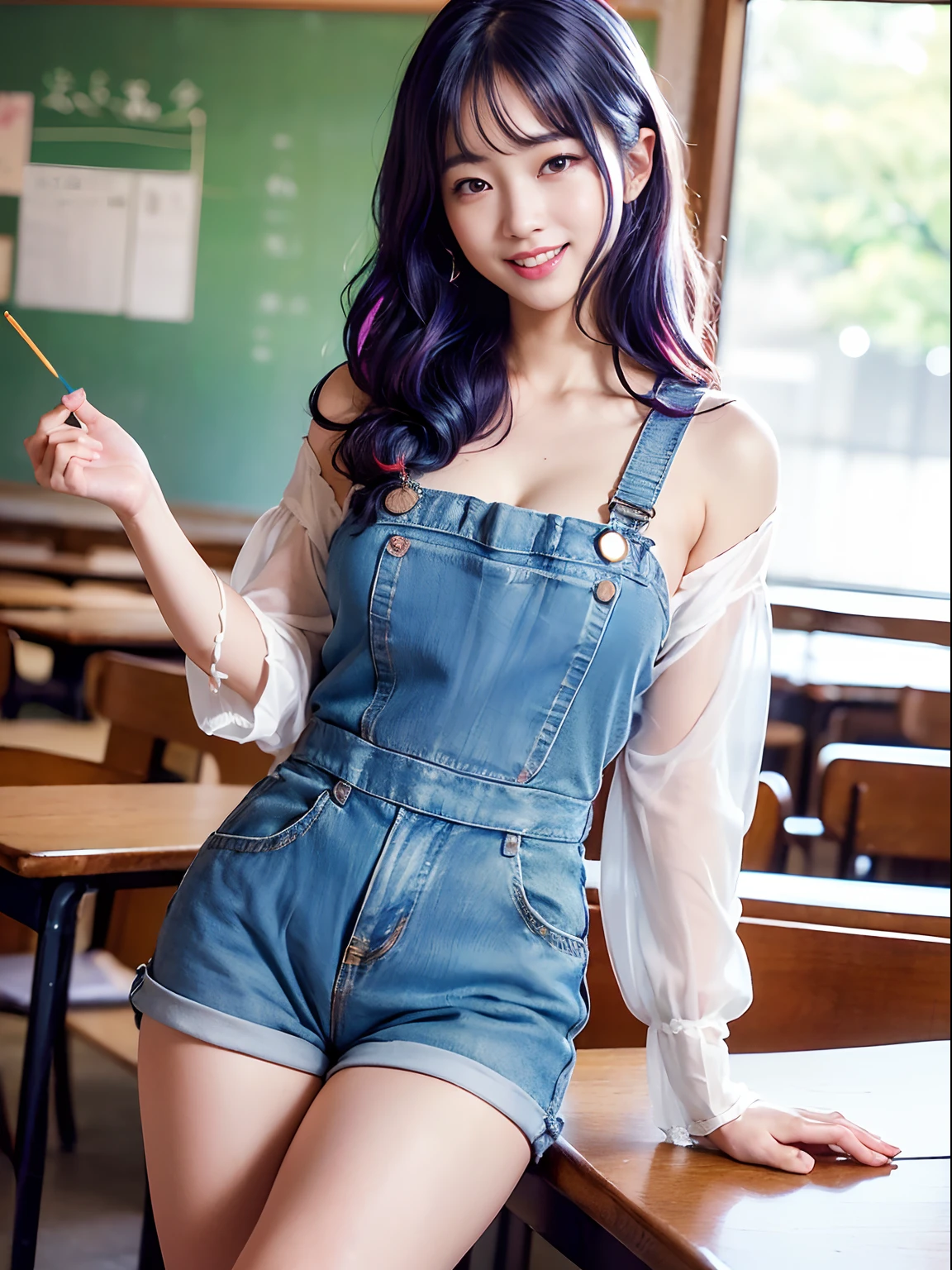 ((8K, RAW Photos, of the highest quality, Masterpieces), high definition RAW color photos professional photos, (Realistic, Photorealism: 1.37), (Highest Quality), (Best Shadows), (Best Illustrations), ((Cute, Beautiful, Ultra High Resolution, High Definition CG Unified 8K Denden Wallpaper, Physically Based Rendering, Movie Lighting), (aegyo sal:1), (cowboy shot),(1 japanese woman),(Photo of a woman in Japan 34 years old), (medium breasts), (sexy Face), (coveralls),High School Classroom, Beautiful detail eyes, Light on the Face, ((Cowboy Shot: 1.2)), especially strong light, (Upper Eyes, Grinning smile:1.2),Shiny skin, ((Random Hairstyle)), ((Random colored hair)), (thick thighs), ulzzang -6500-v1.1:0.2, Shy, (The Flash:1.2), ((enchanting posture: 1.3, Attractive: 1.2)), (idle), ((Good anatomy: 1.2)), ((Bright and refreshing classroom, the background is blurred: 1.2)), Perfect face, Cute face, (high-angle shot:1.2)