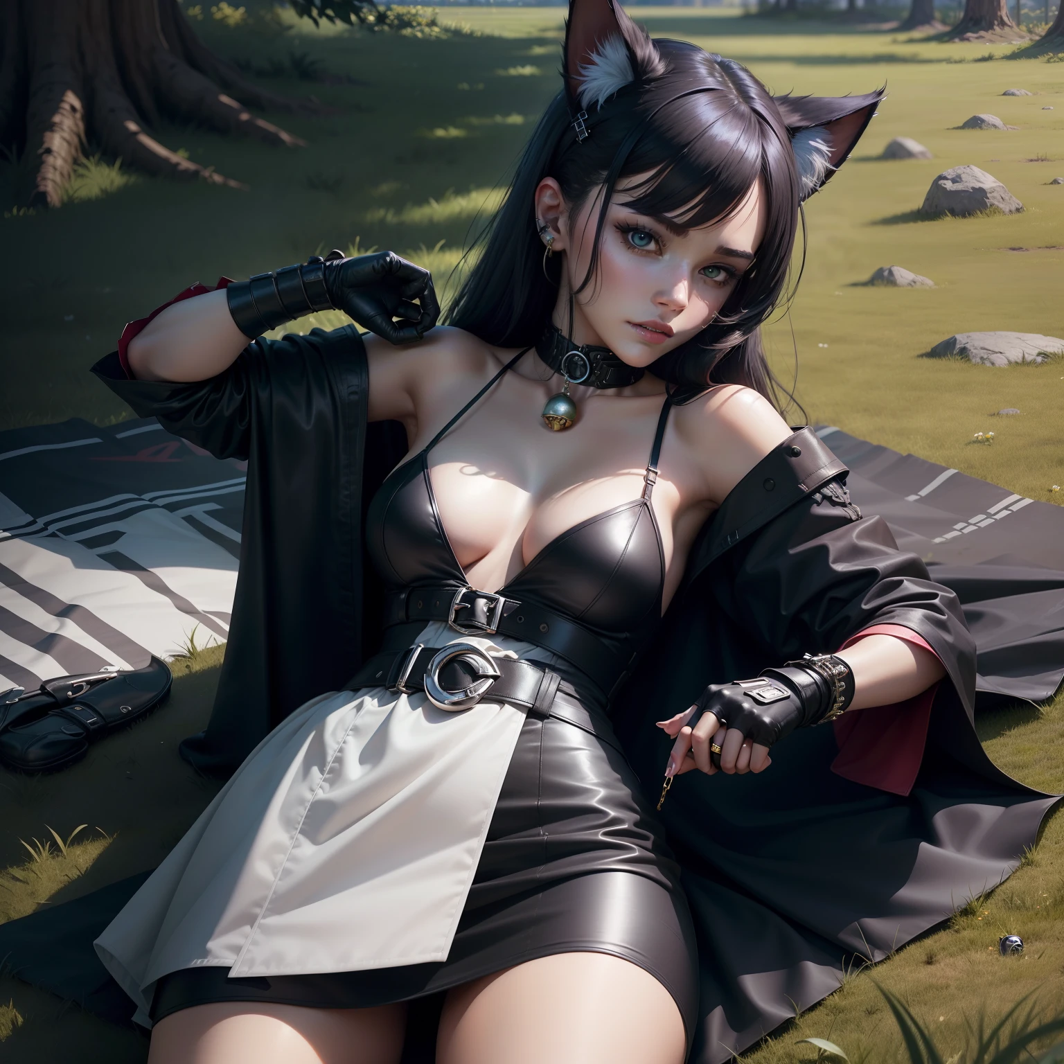 (High quality，detail-rich，Ultra-realistic 1.2)cyber punk style，Cat-eared lady，Dress conservatively，Delicate to the point of incredible face，devils，Crawl on the grass，He wears a bell around his neck，