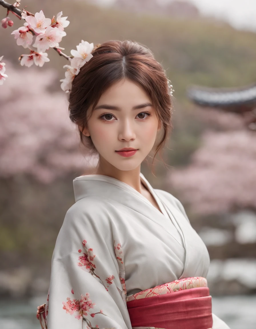 (best quality:1.4), (ultra highres:1.2), (photorealistic:1.4), (8k, RAW photo:1.2),(portrait shot:1.3), 1girl, solo, outdoor, cute japanese model girl, kimono, floral print, hair ornament, looking at viewer, hair flower, brown eyes, bangs, masterpiece, best quality, realistic, cherry blossoms, looking at viewer,the background is mount fuji and kyoto cityscape,