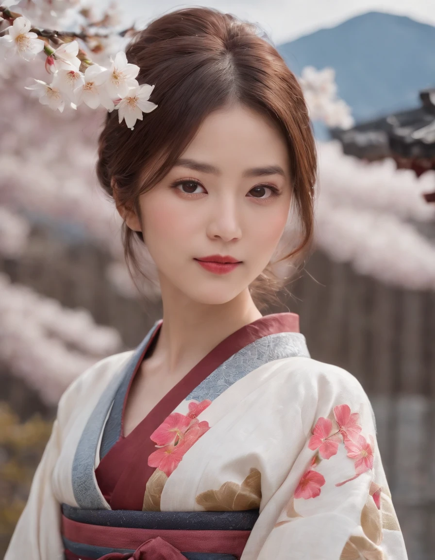 (best quality:1.4), (ultra highres:1.2), (photorealistic:1.4), (8k, RAW photo:1.2),(portrait shot:1.3), 1girl, solo, outdoor, cute japanese model girl, kimono, floral print, hair ornament, looking at viewer, hair flower, brown eyes, bangs, masterpiece, best quality, realistic, cherry blossoms, looking at viewer,the background is mount fuji and kyoto cityscape,