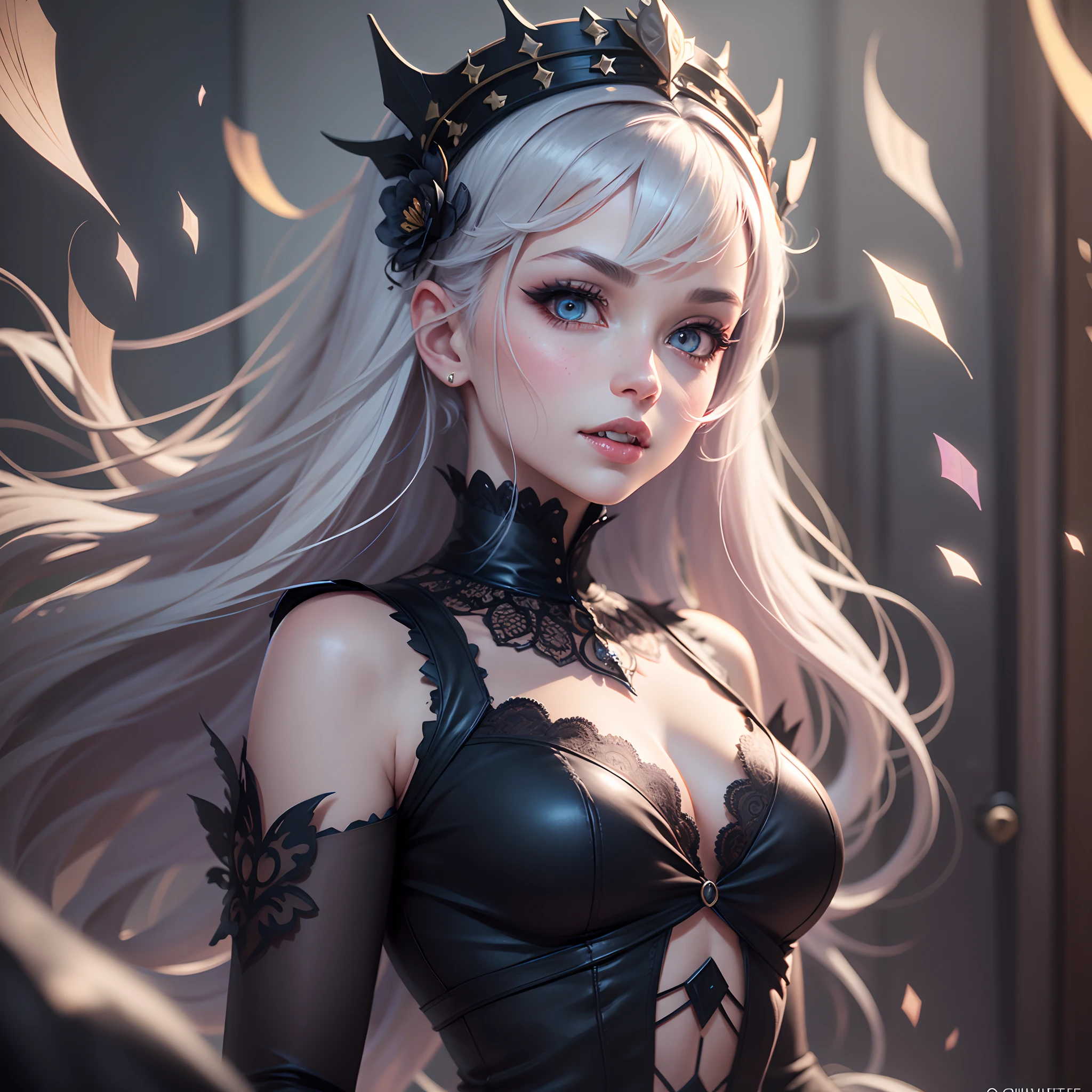 ultra detailed illustration in anime style of a gorgeous vampire woman with iridiscent eyes, (fangs), pale skin, headdress, gothic victorian dress, lens flare, depth of field, bokeh effect, backlit, stylish, elegant, breathtaking, visually rich, flat lights, flat colors, cel shading, art by best anime studios, by MSchiffer, 32k resolution, best quality, ink lines, --auto --s2